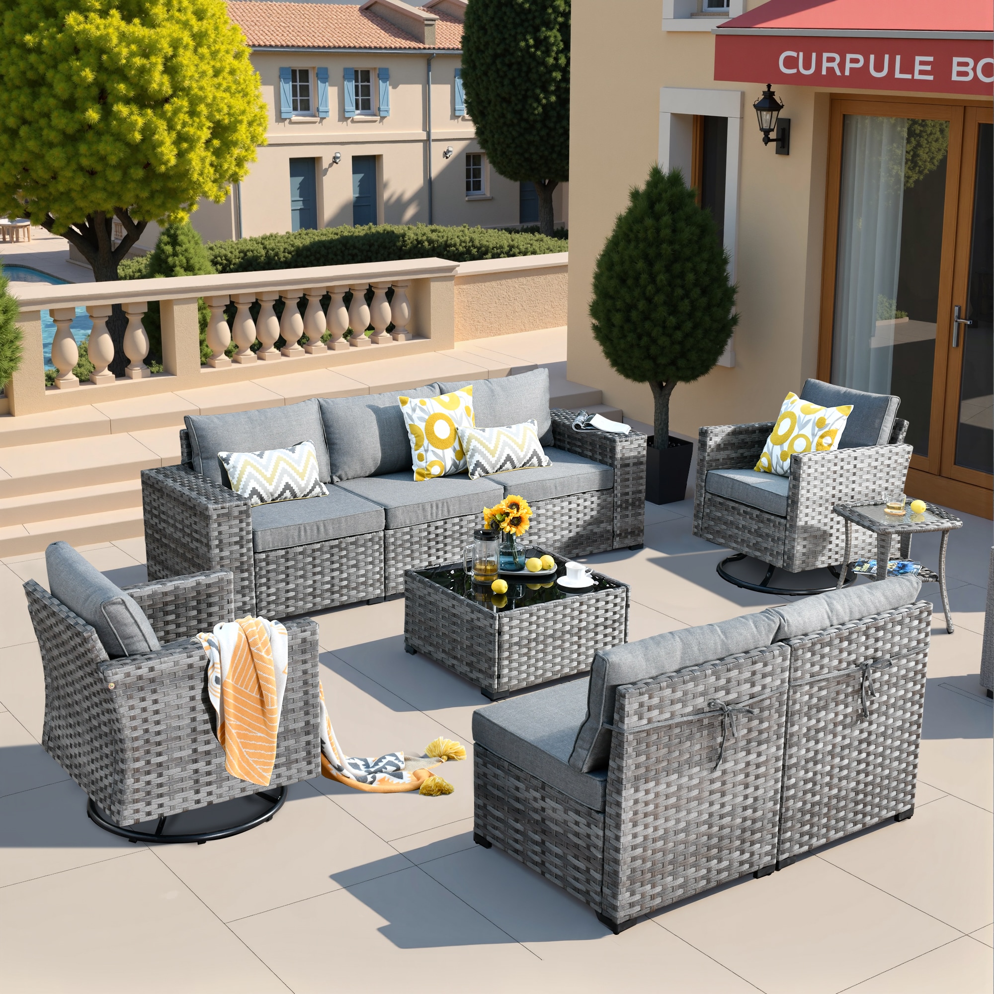 Pouuin SYZBBR2-9 9 -Piece Rattan Patio Sofa Conversation Set with Gray Cushions