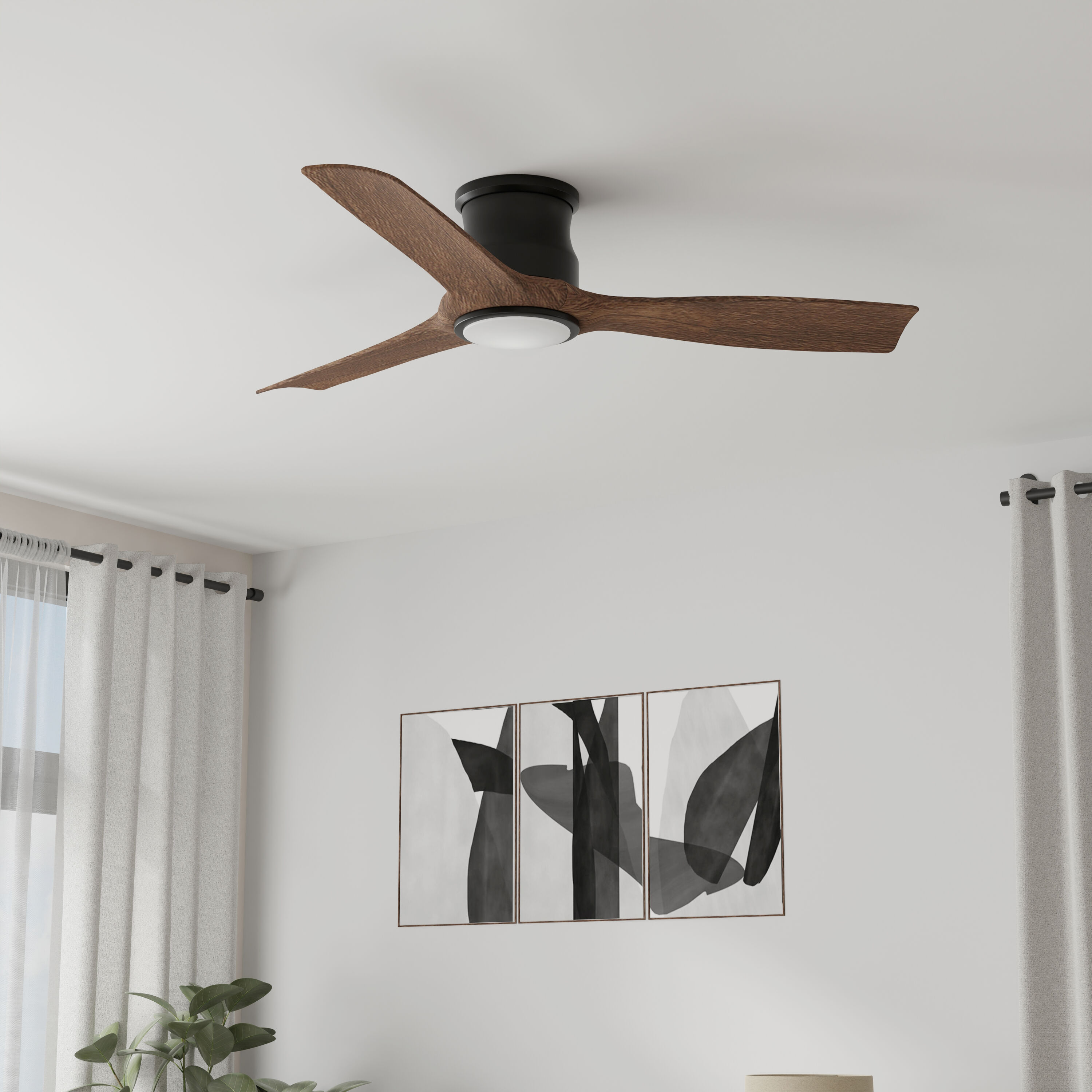 Harbor Breeze ACA52MBK3LR Brayard 52-in Color-Changing Flush Mount Matte Black with Dark Walnut Blades Propeller Ceiling Fan With Light - Remote Included ( 3 -Blade )