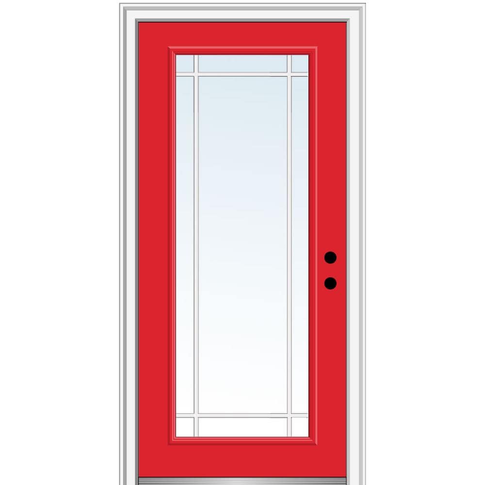 MMI DOOR ZZ361862L 32-in x 80-in x 6-9/16-in Fiberglass Full lite Left-hand inswing Red Saffron Painted Prehung Front Door with Brickmould Insulating core with Grilles