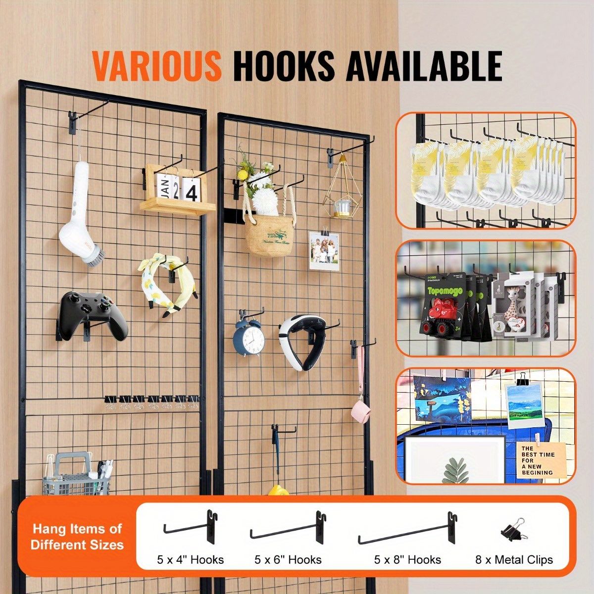 JUSHUA Professional Gridwall Display System 2Pack 24x67 DoubleSided Retail Grid Wall Panels with Sturdy TBase 20 Display HooksClips for Boutique Craft Fair Trade Show