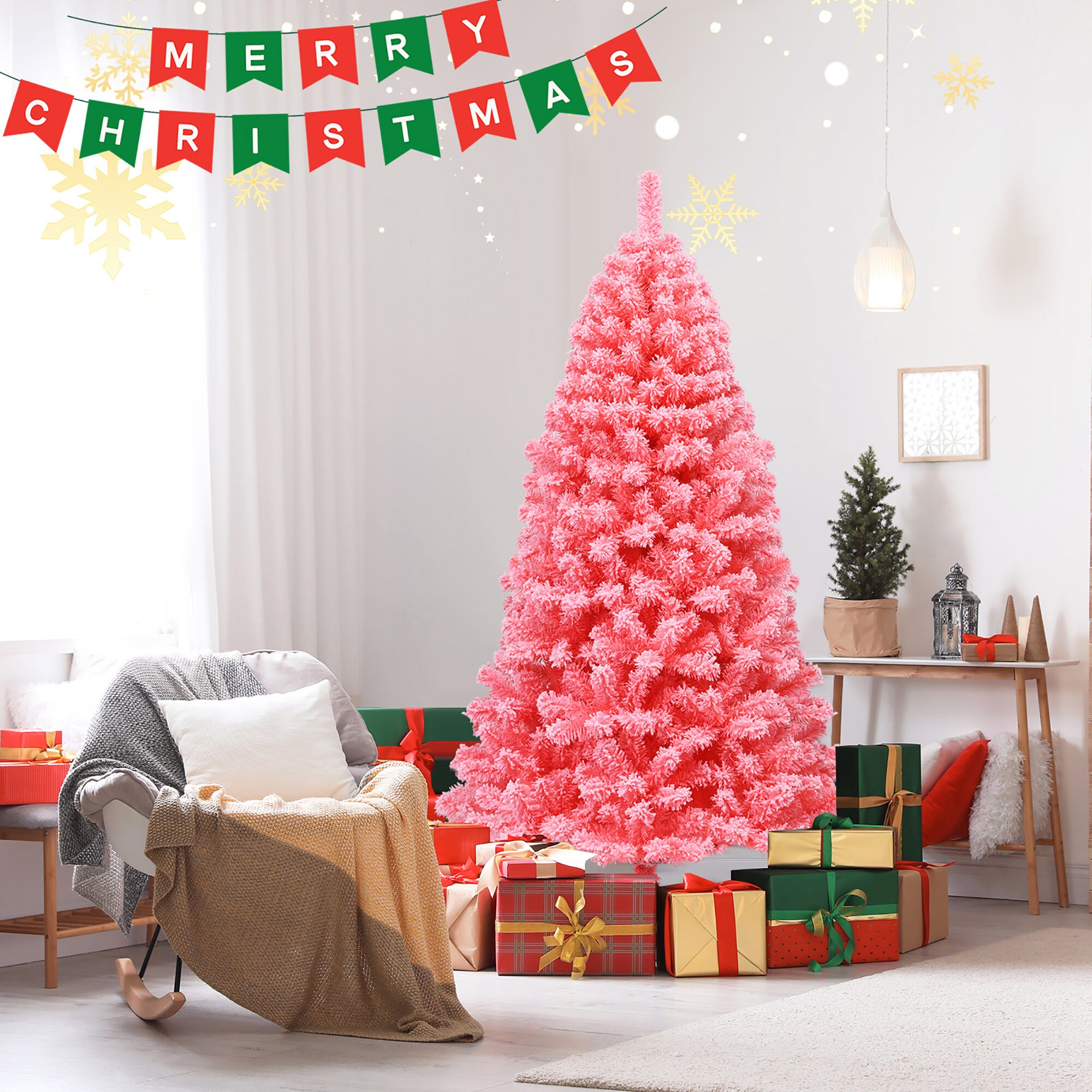 Costway 6.5-ft Flocked Pink Artificial Christmas Tree at Lowes.com