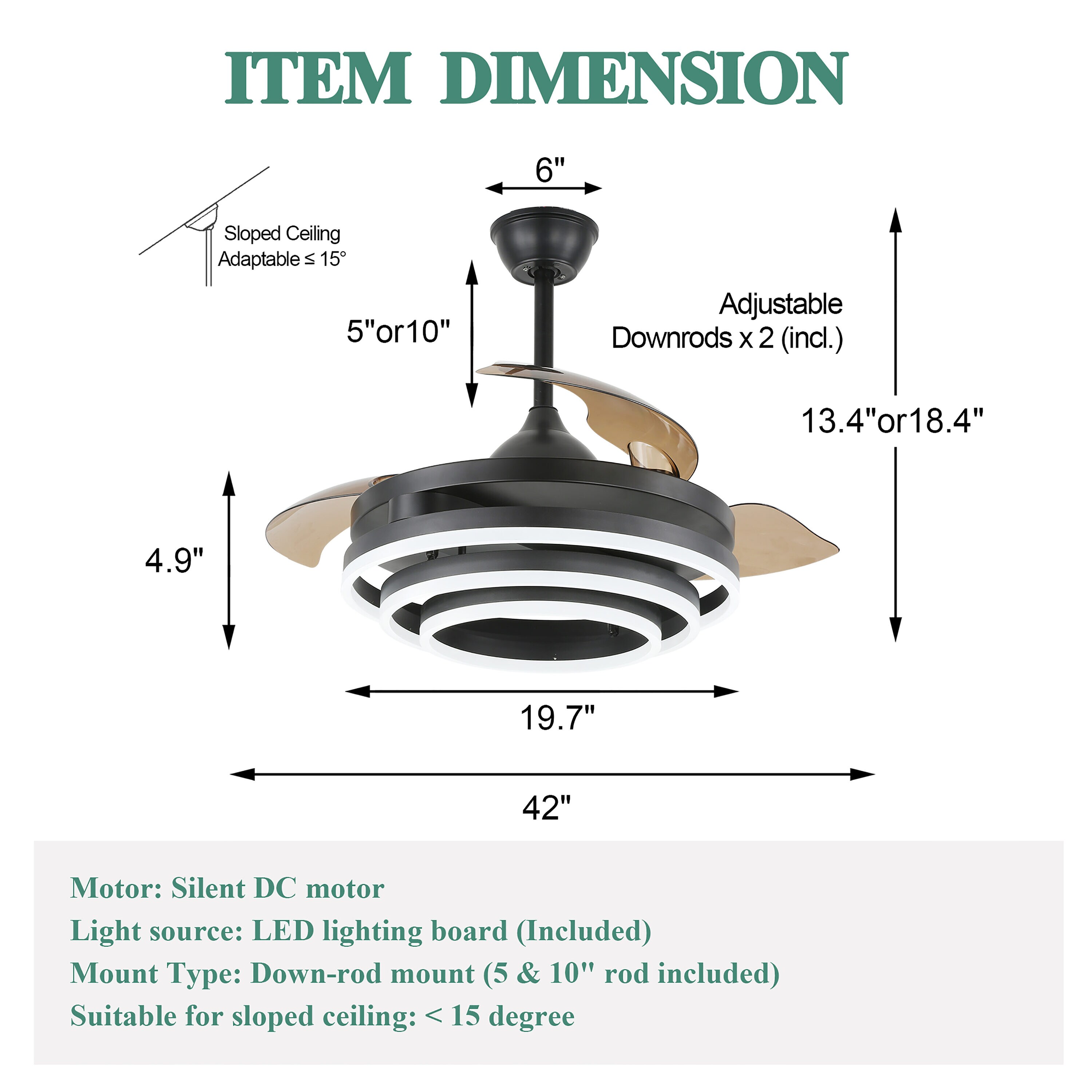 42-Inch Black Matte Retractable Ceiling Fan with LED Light and Remote