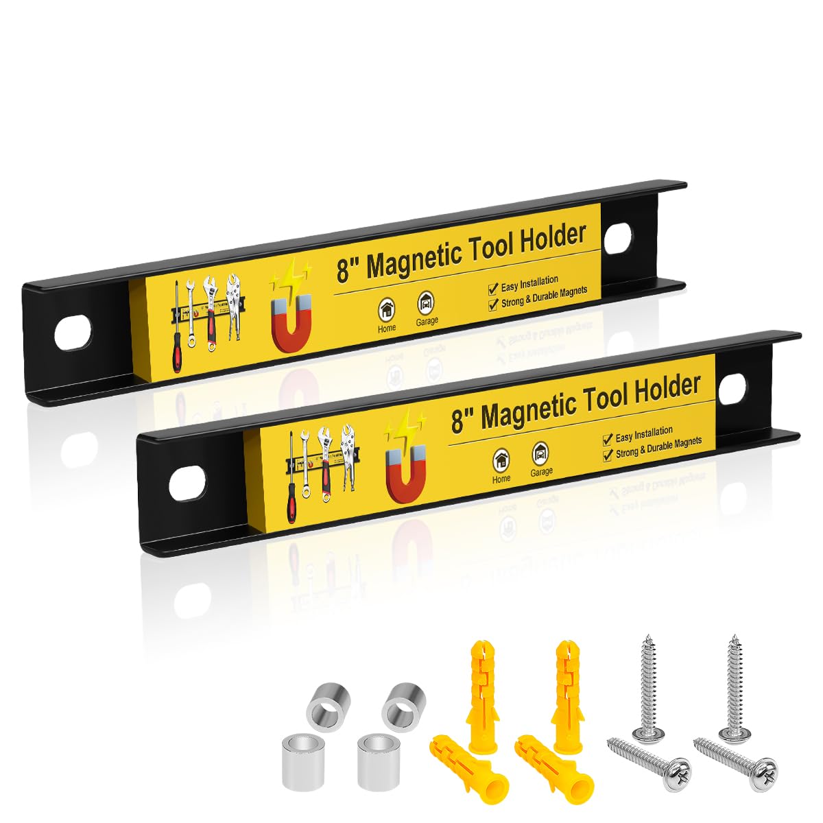 UUDULY  Magnetic Tool Holder Bar 2 pack 8 inch Heavy Duty Organizer for Garage Workshop Home Secure Storage for Wrenches Screwdrivers Pliers Hand