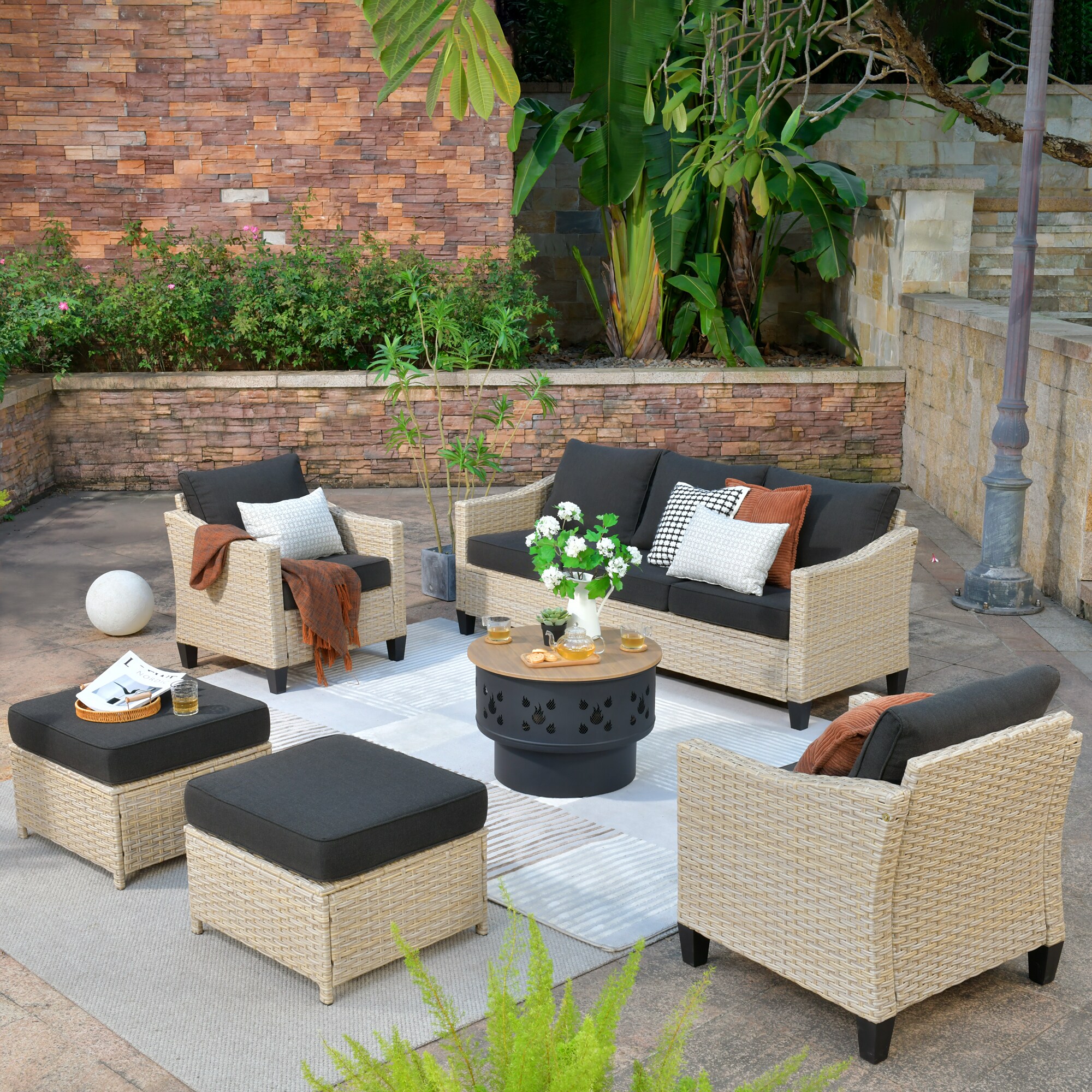 weaxty HMBYM307DAR105 Athena 6-Piece Wicker Patio Sofa Conversation Set with Black Cushions