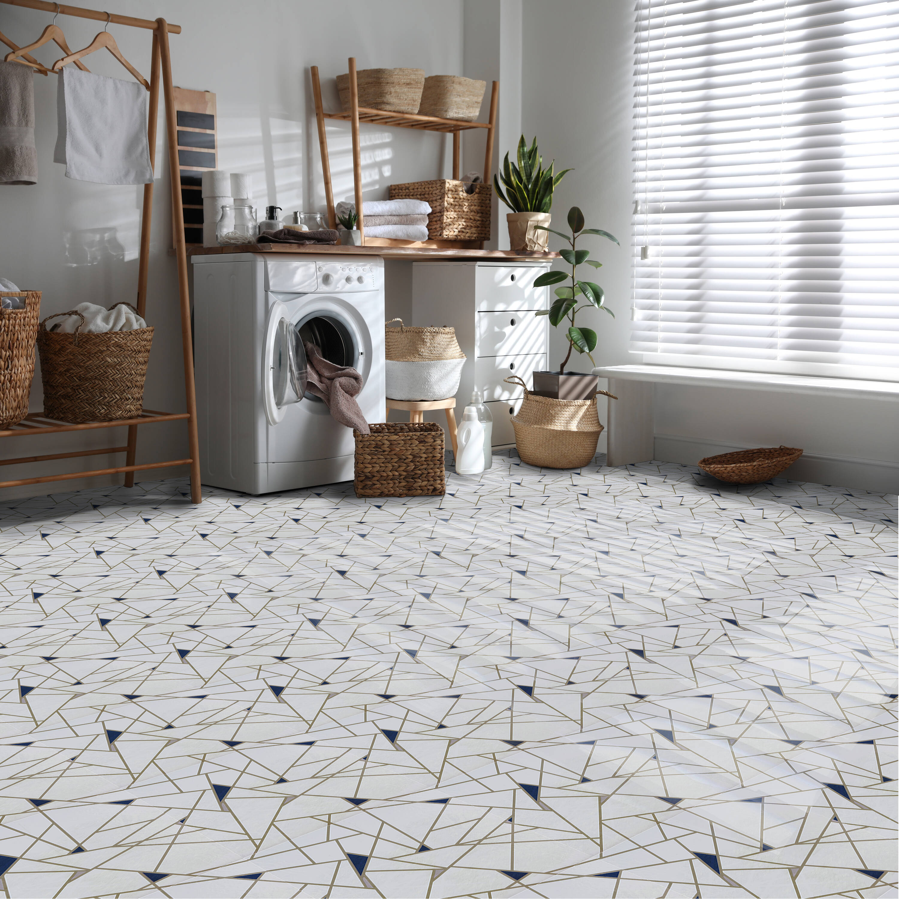 Edge Pattern Blue and Cream 12-Inch Vinyl Floor Tiles