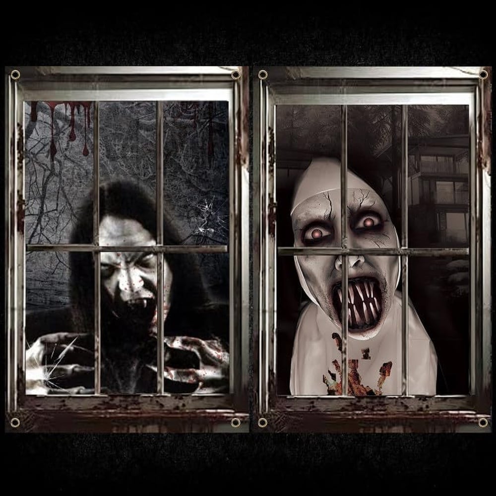 Afoxsos  Halloween Window Cover Poster Set Scary Female Ghost and Nun Silhouette Decorations for Indoor Outdoor Party Haunted House 47 by 32 Inch