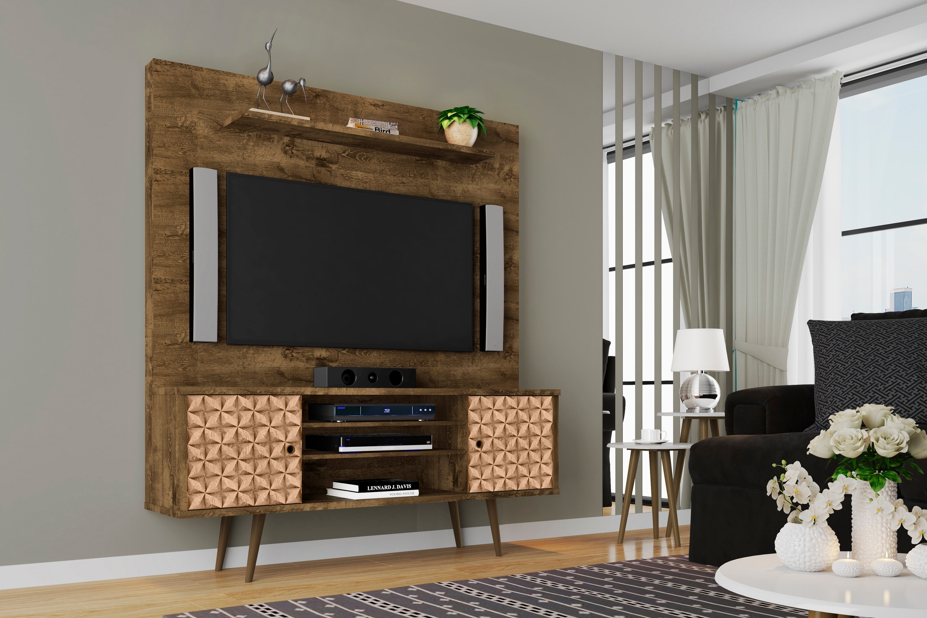 Manhattan Comfort 213BMC97 Liberty Modern/Contemporary Rustic Brown and 3D Brown Prints TV stand Integrated TV Mount ( Accommodates TVs up to 60-in )