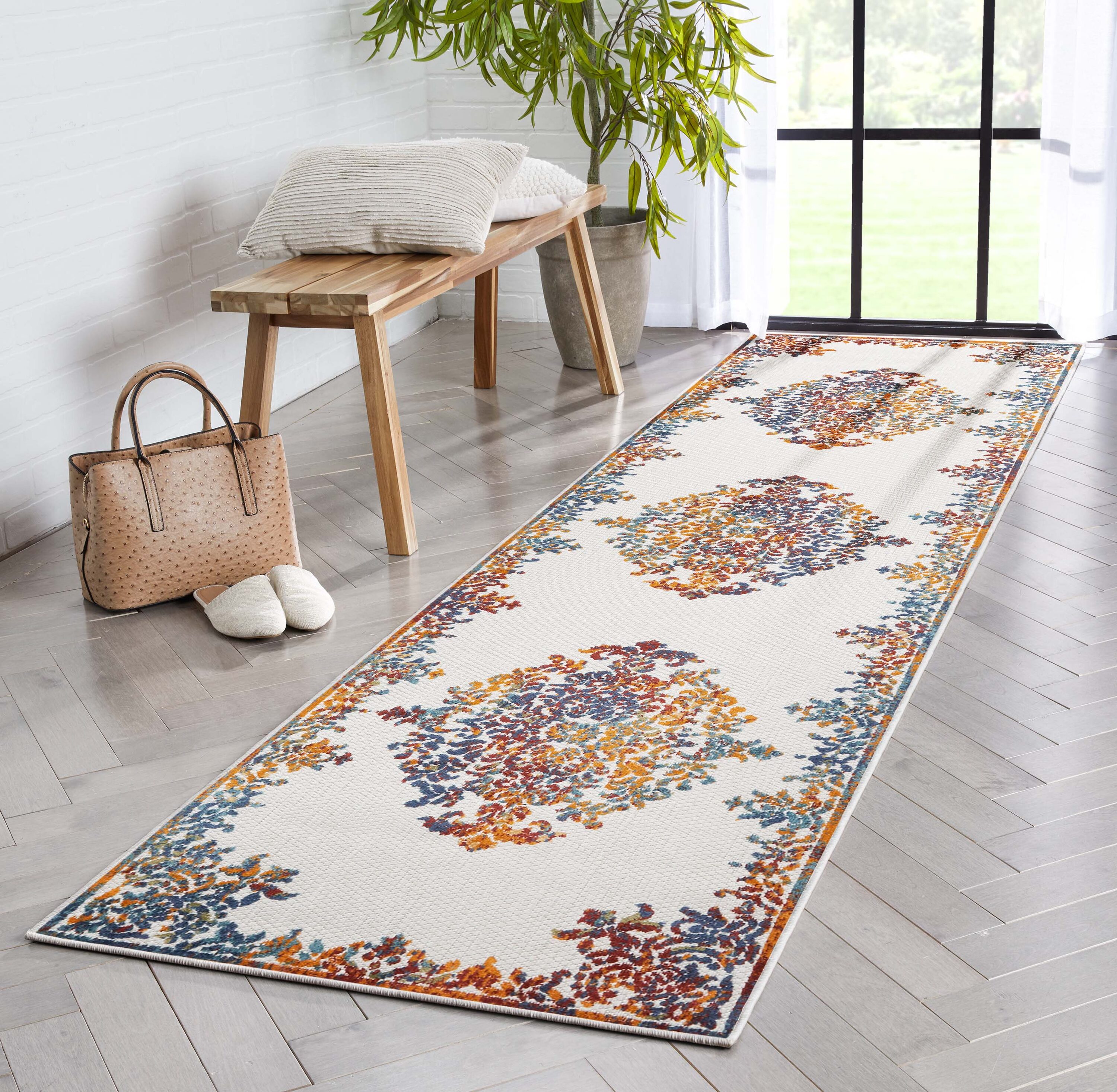 Ivory Medallion Synthetic Reversible Runner Rug