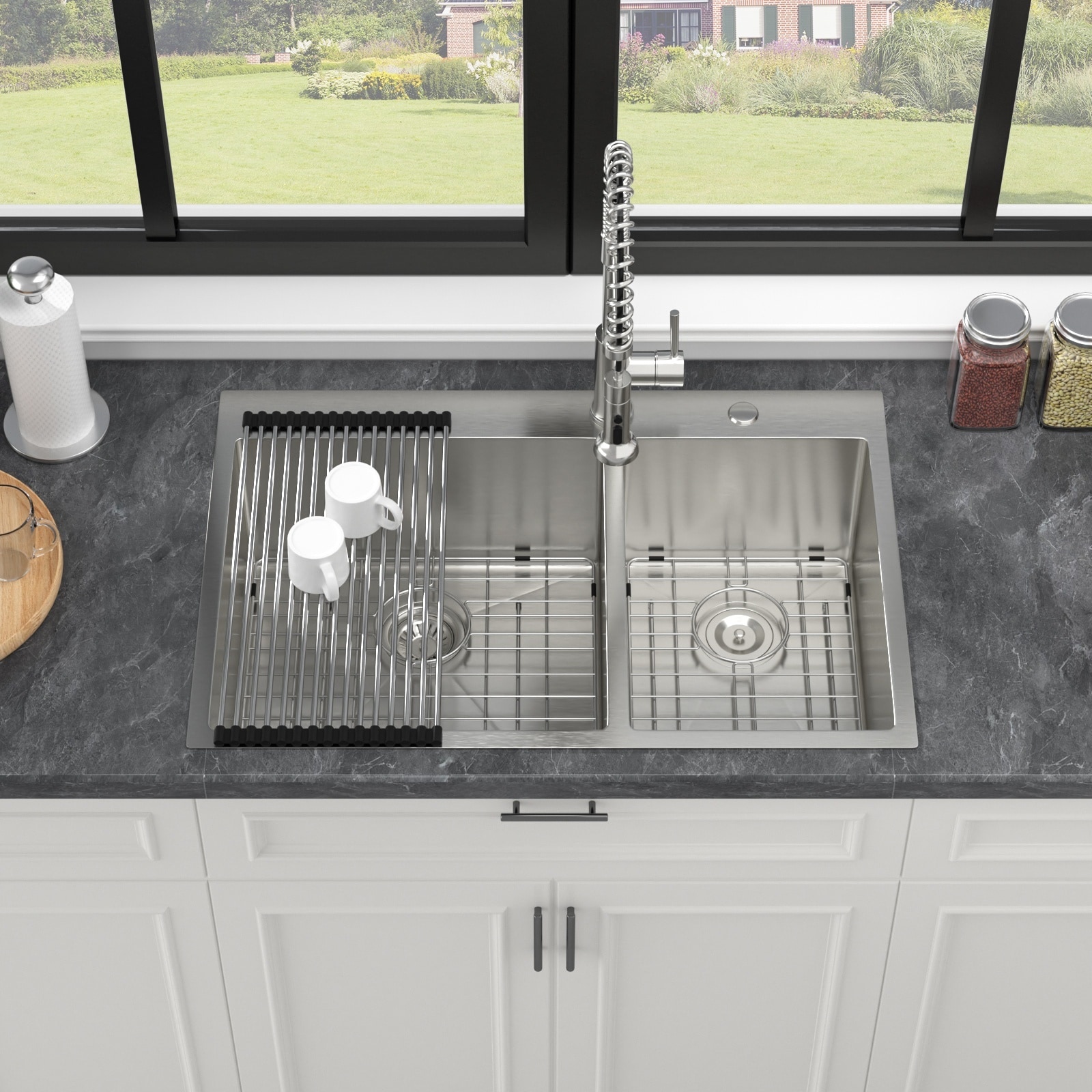 LIVACA 33 inch x 22 inch x 10 inch Brushed Nickel Stainless Steel Double Bowl Drop in Kitchen Sink with 60/40 Split and Two 10 Inch Deep Basins