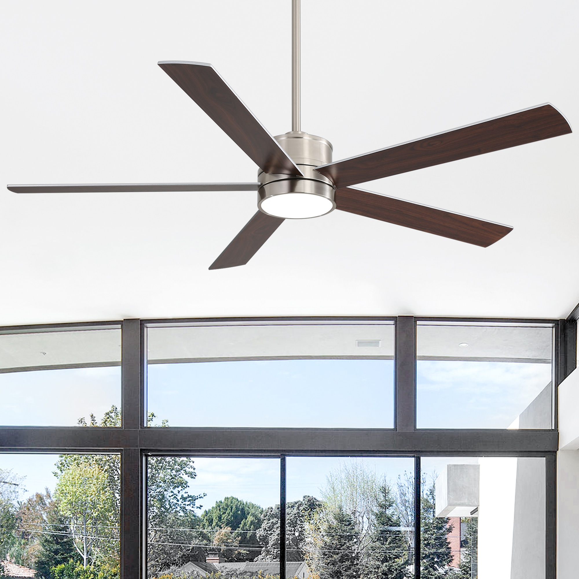 Breezary 29007-SN 65-in Color-Changing Integrated LED Brushed Nickel with Plywood Blades Chandelier Ceiling Fan With Light - Remote Included ( 5 -Blade )