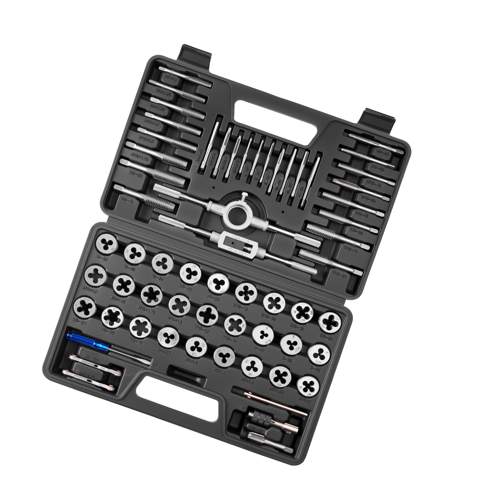 Mecale 60-Piece Bearing Steel Tap and Die Set Metric and SAE M3 to M12 Coarse and Fine Thread Silver #YAS-YD54GT