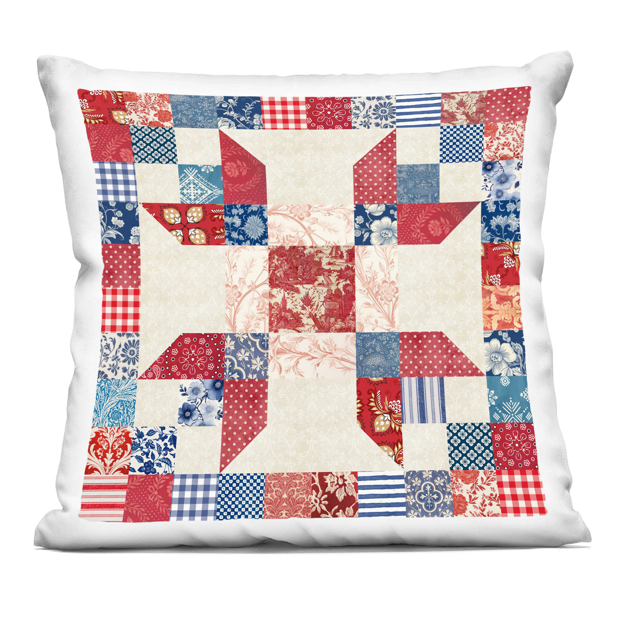 Stupell Industries PLP-265-SQW-18X18 Red and Blue Traditional Quilt Pattern Decorative Printed Pillow Design by Susan Arnot