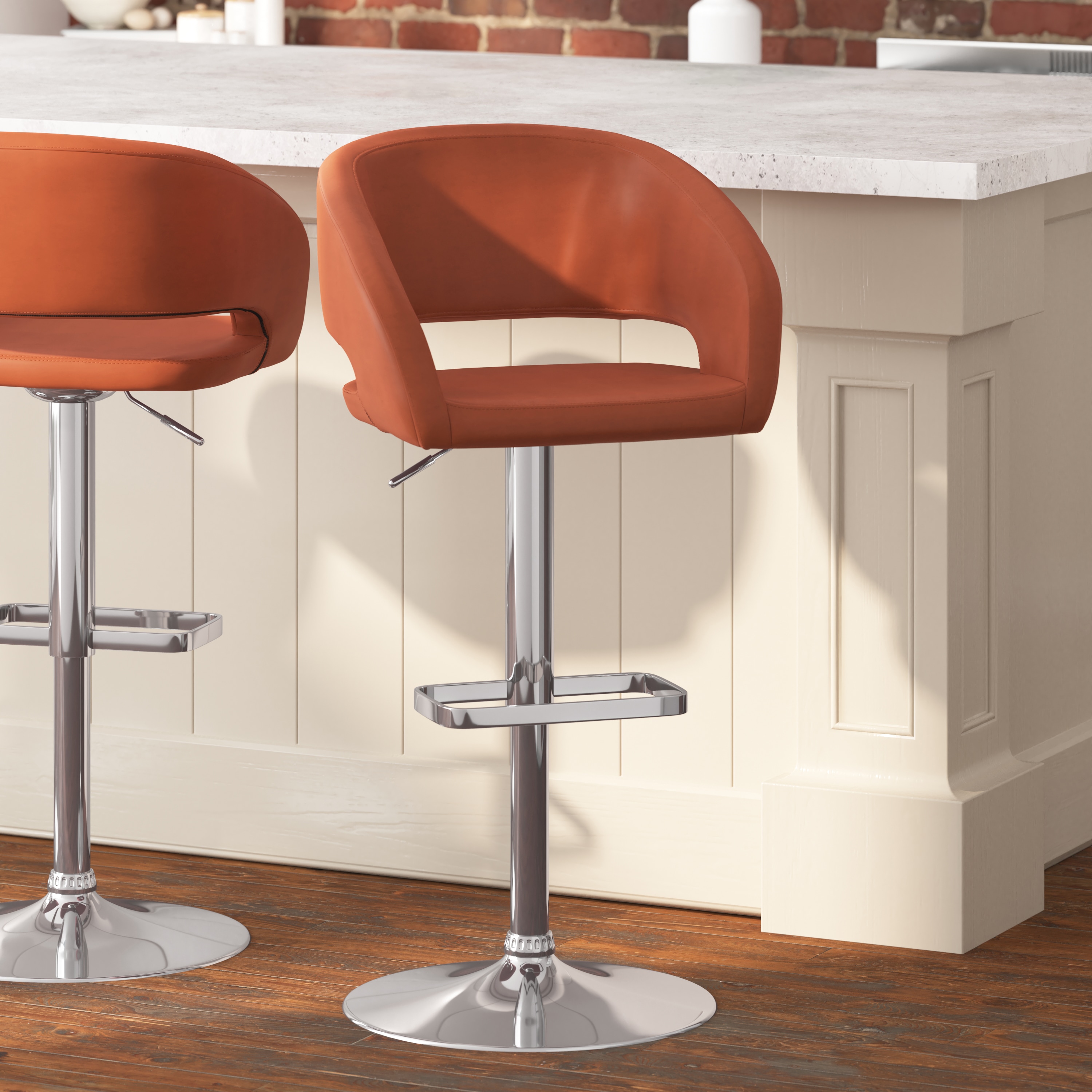 Taylor & Logan 196861088216 Jenna Cognac Vinyl/Black Frame 23.0-in H Adjustable Height Short Square seat Upholstered Swivel Metal Bar Stool with Arms and Back