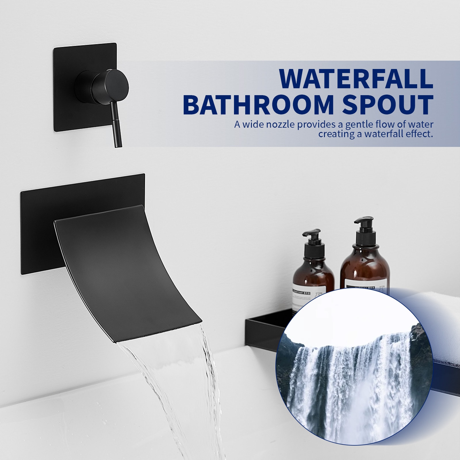 Matte Black Wall-Mount Waterfall Bathtub Faucet with Lever Handle