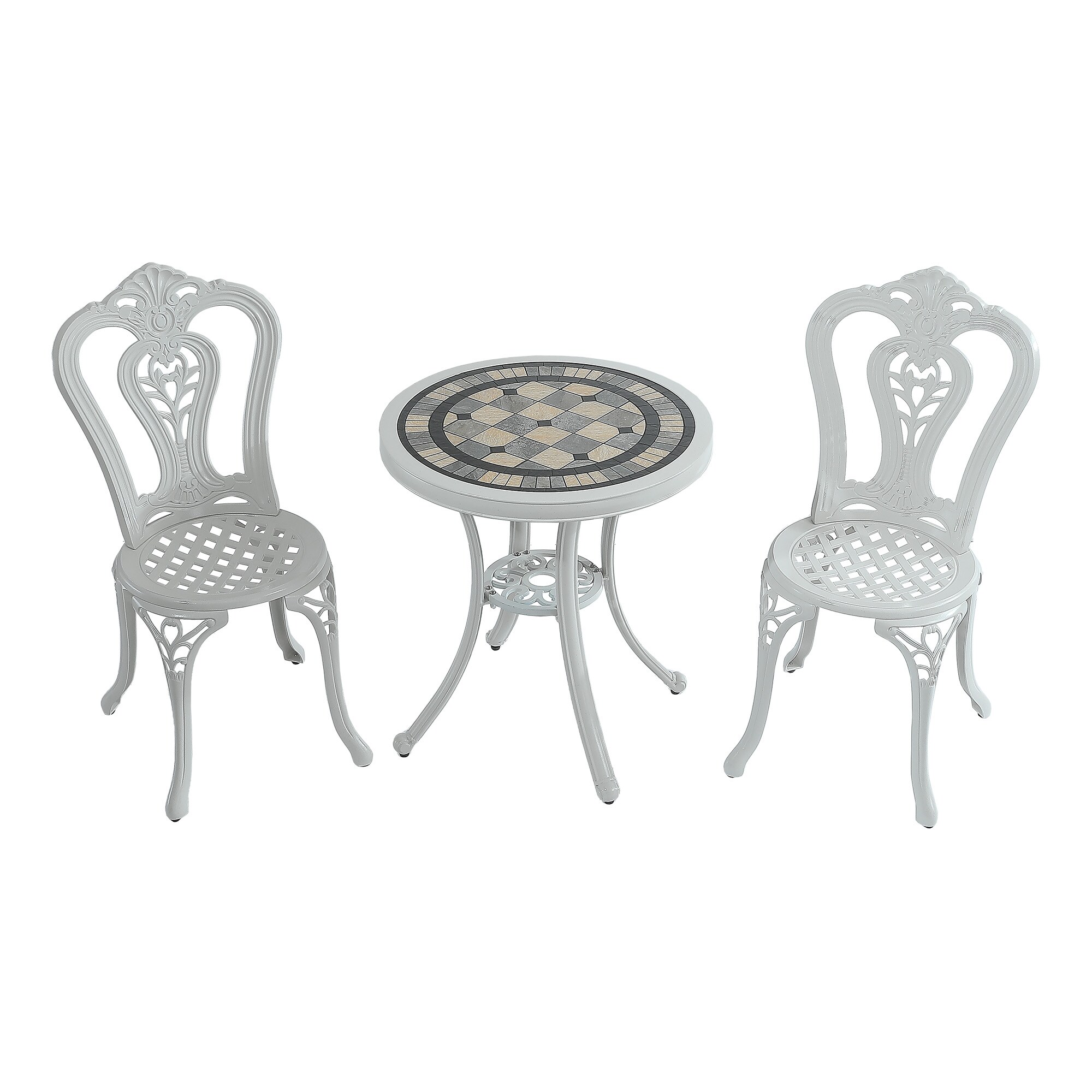 3-Piece White Bistro Patio Dining Set Aluminum Round Table with 2 Stackable Stationary Chairs | - Mondawe MA-GCABQ-031L