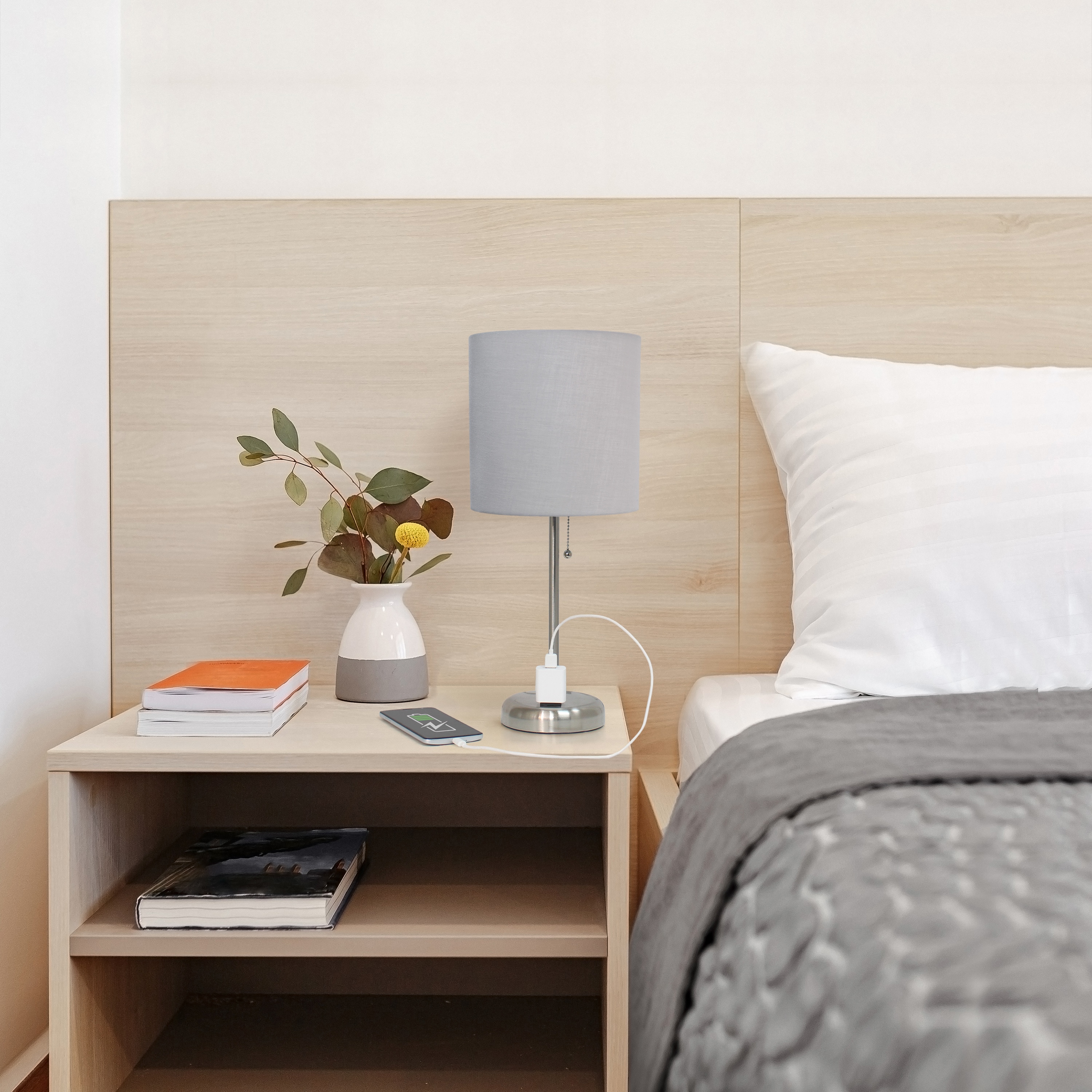 Oslo 19.5" Gray Metal Table Lamp with Fabric Shade and USB Port