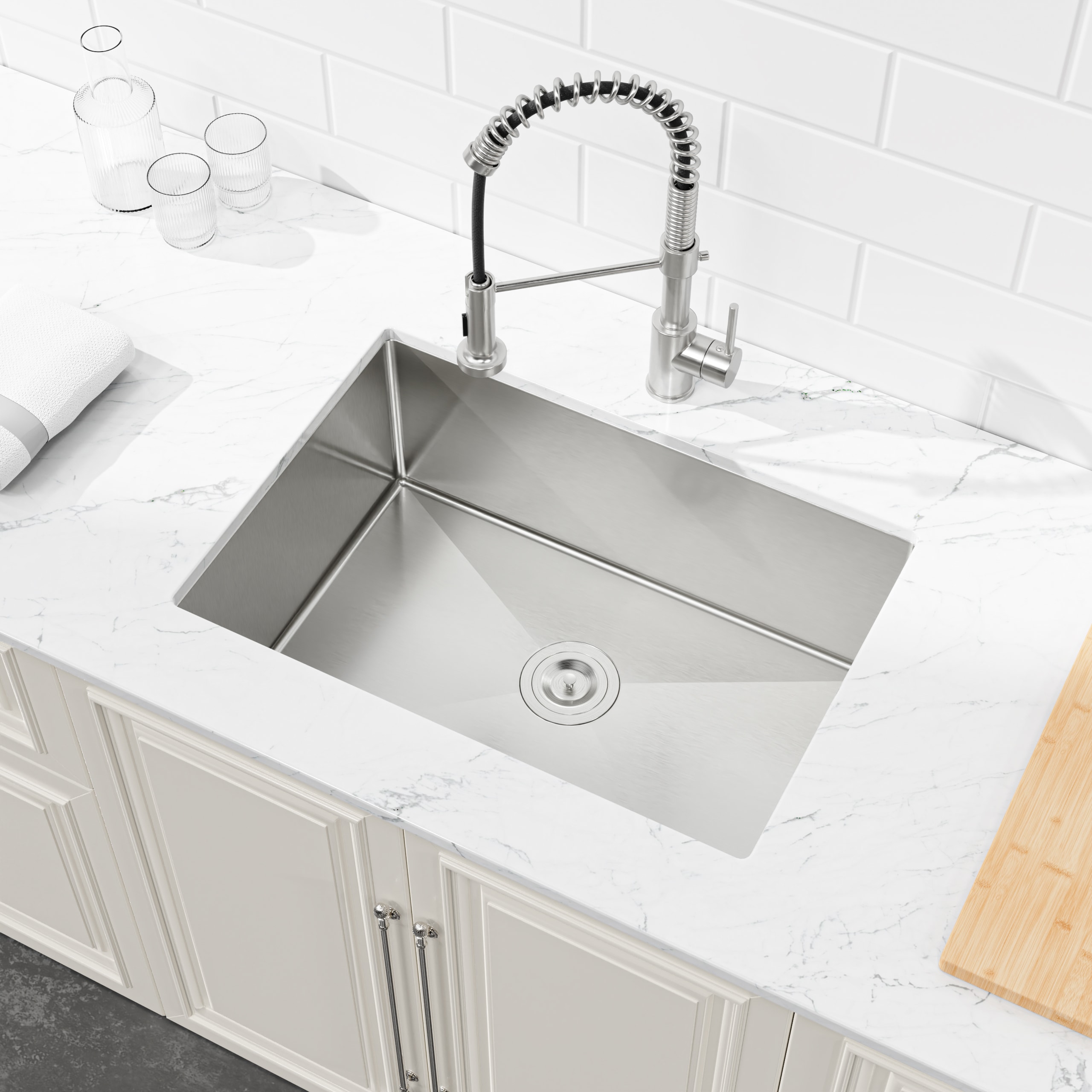 Wooakway Stainless Steel Kitchen Sink 27 in x 19 in Single Bowl Undermount Handmade Sink in Brushed Nickel with US Standard Drain and Hook