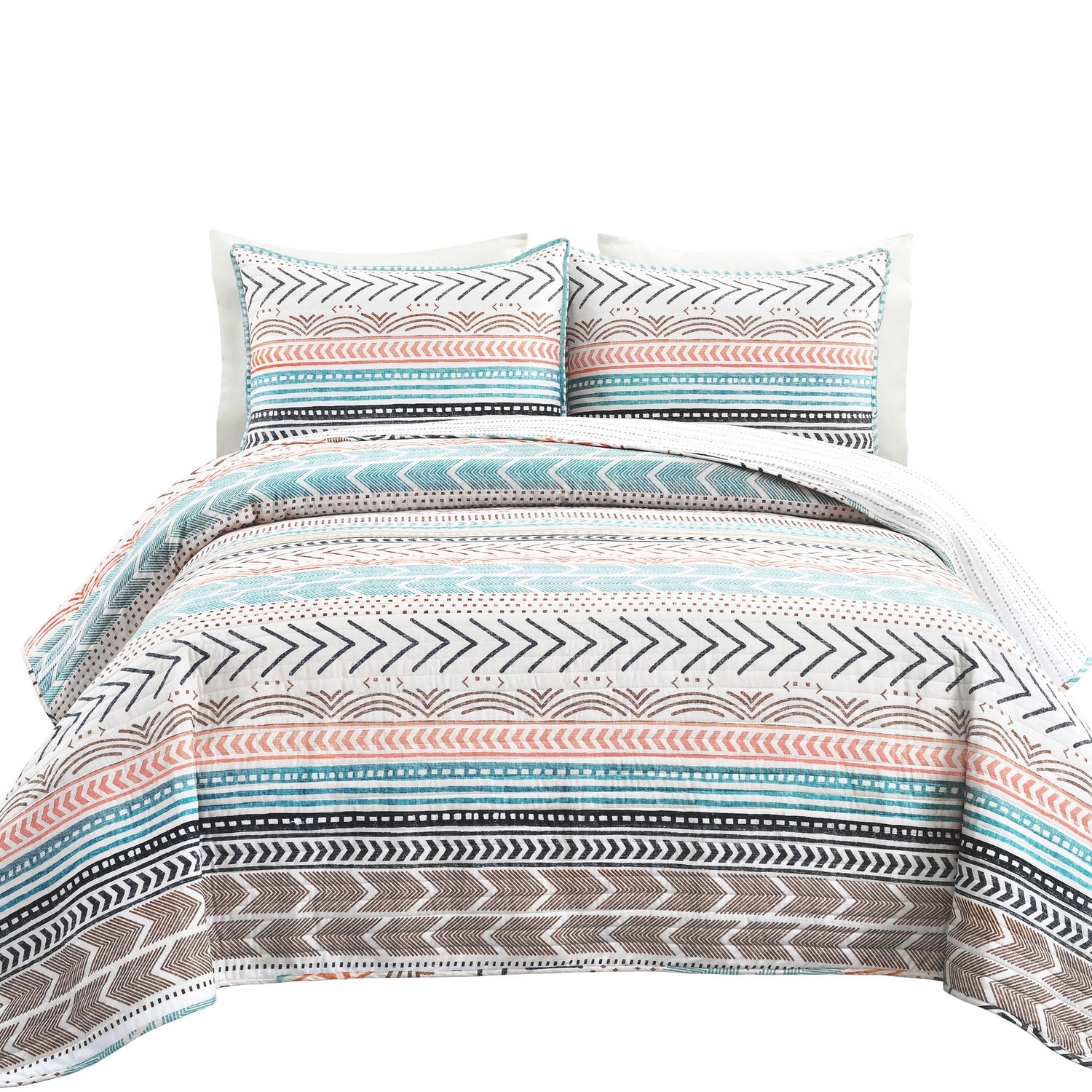 King Multicolor Cotton Reversible Geometric Quilt Set