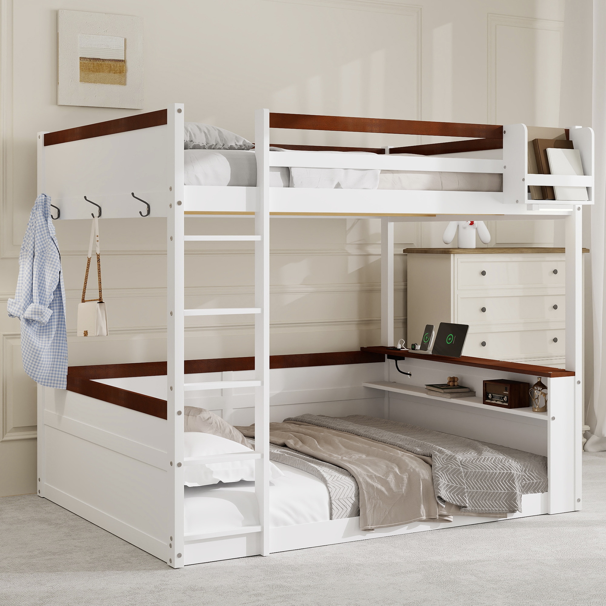 LOVMOR SF-Y-N7090005006K Queen Size Wooden Bunk Bed with Built-in ShelvesStorage BoxLED Light and USB Charging StationWhite