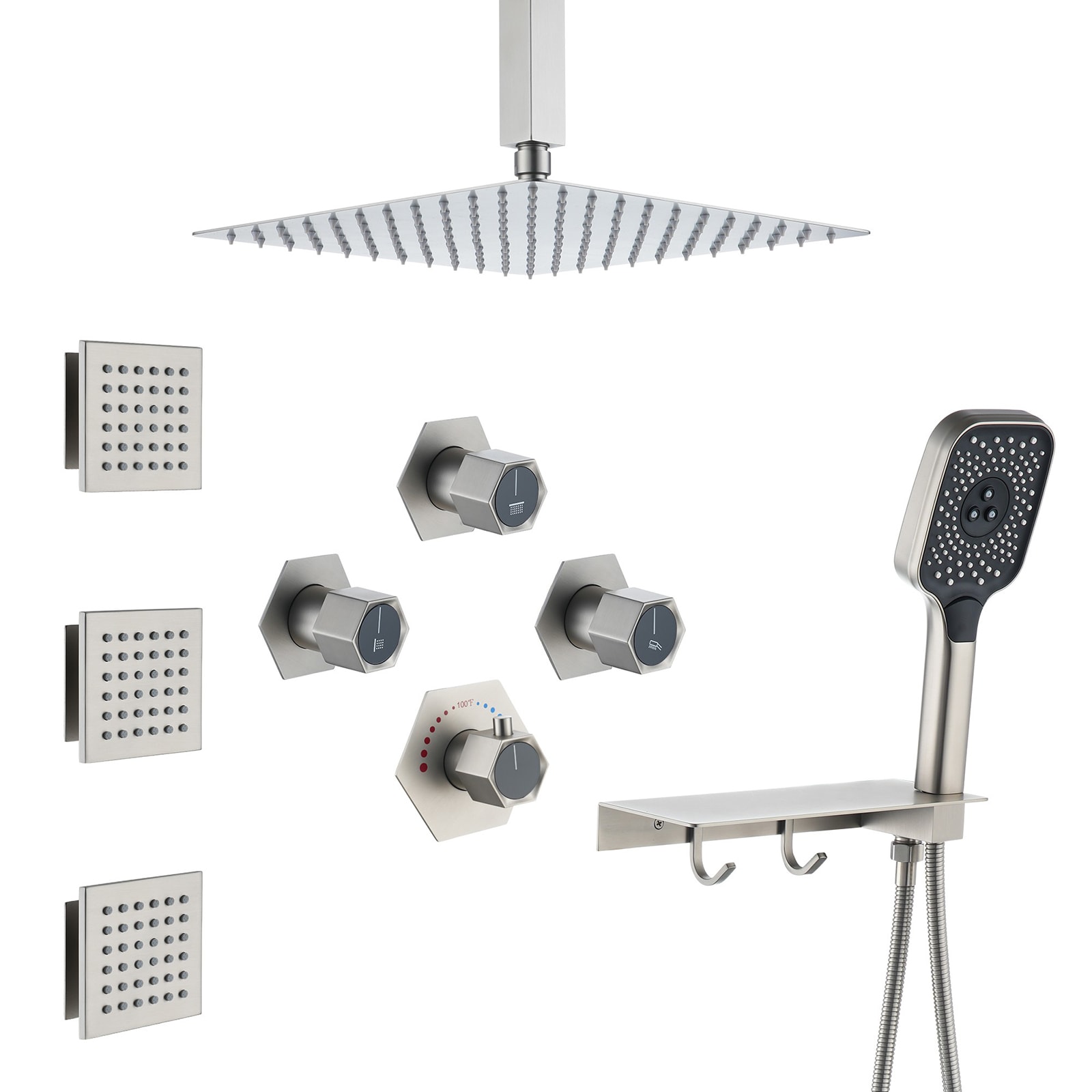 Mondawe MO-DT161MB Brushed Nickel 12-in Built-In Shower Faucet System with 3-way Diverter ( Thermostatic Valve Included )