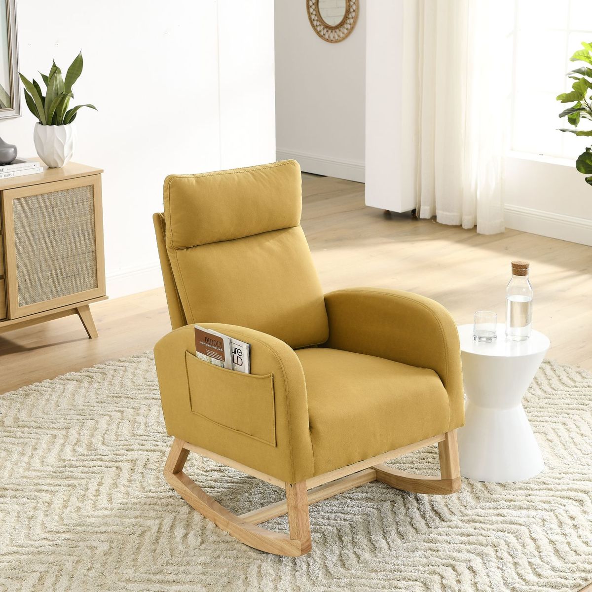 JASMODER W83453348 27.6 inch W Modern Accent High Backrest Living Room Lounge Arm Rocking Chair, Two Side Pocket