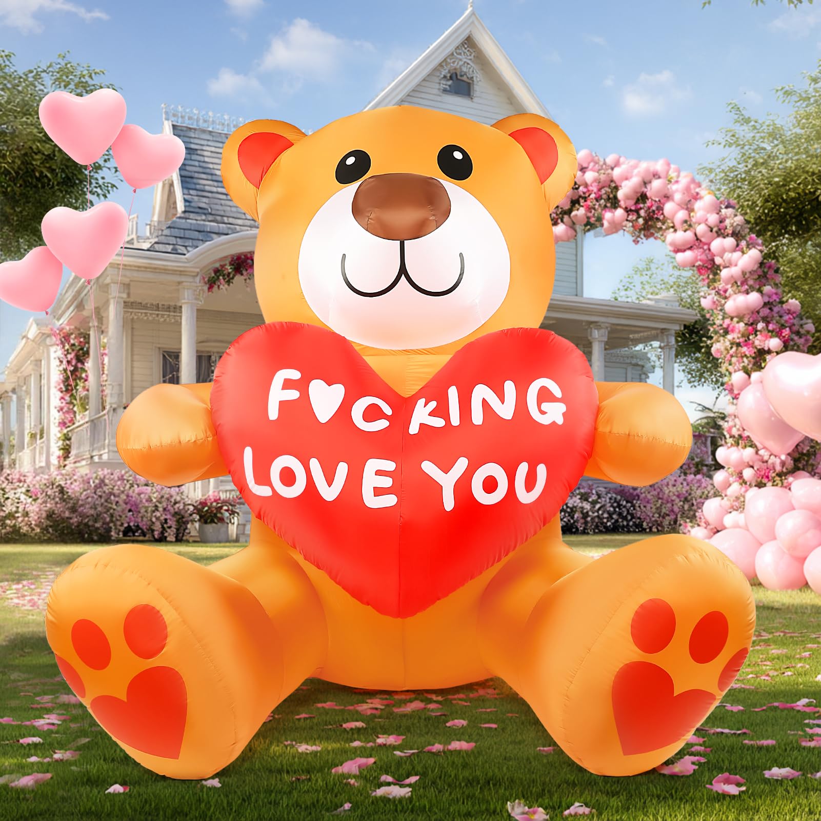Vrbgify  Valentines Inflatables Outdoor Decorations 7 FT Blow Up Bear with Red Heart Built In LED Lights for Lawn Garden Wedding Indoor