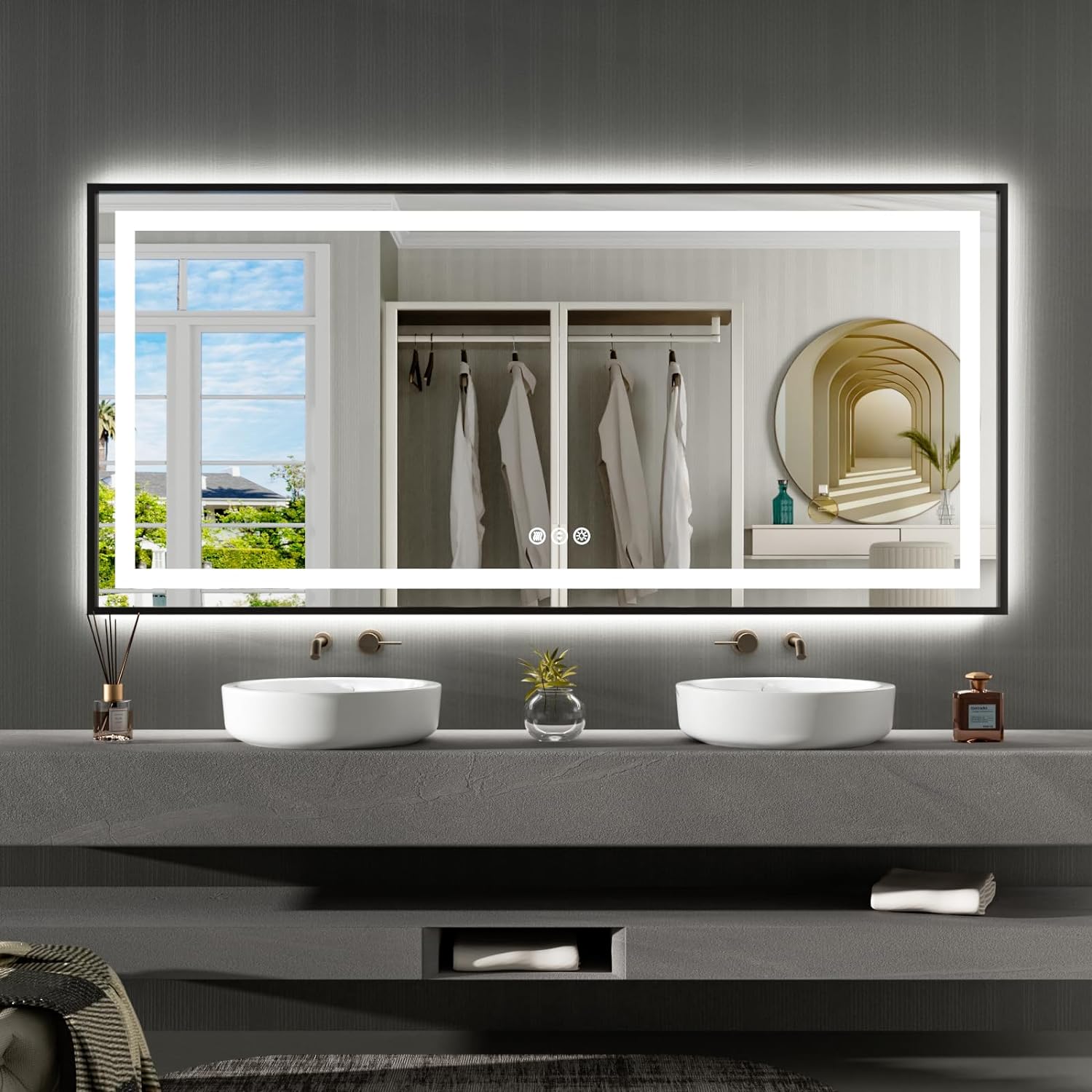 LOAAO 60-in W x 30-in H Black Framed Rectangle Backlit and Frontlit Dimmable LED Lighted Fog Free Tempered Glass Bathroom Vanity Mirror