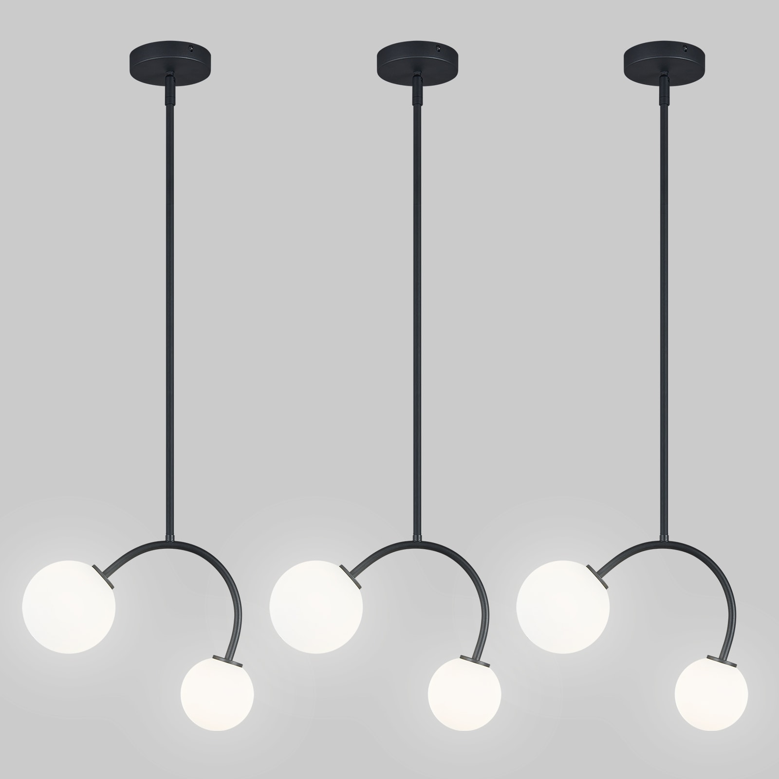 ZHLLMQ Modern 2-Light 3 Pack Matte Black Series Frosted Milk Glass Round Globe Non-Integrated LED 12.6 Inch Kitchen Island Hardwired Chandelier Pendant Light