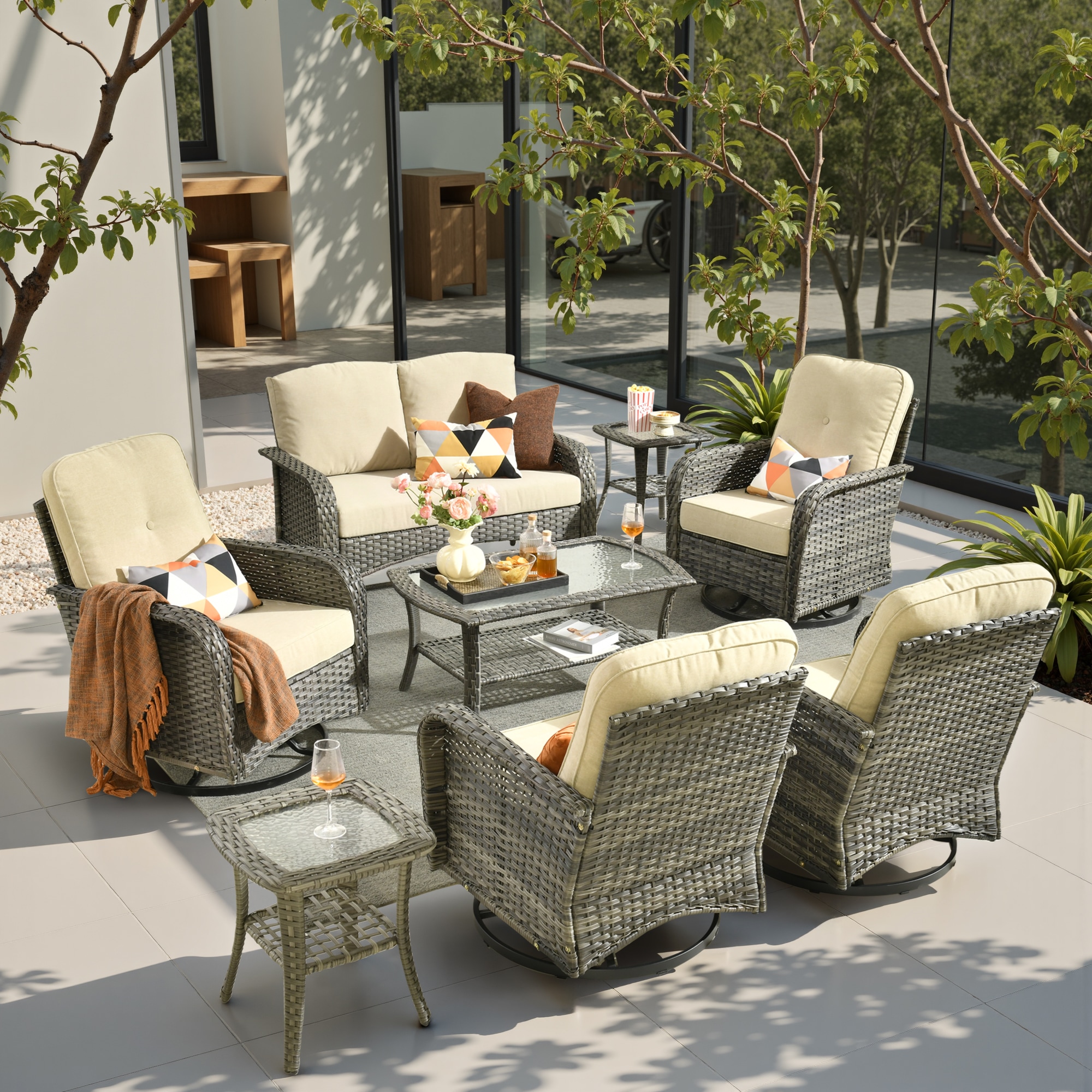 weaxty HMBYZGNCGNDS600S81 Initial 8 -Piece Wicker Patio Conversation Set with Off-white Cushions
