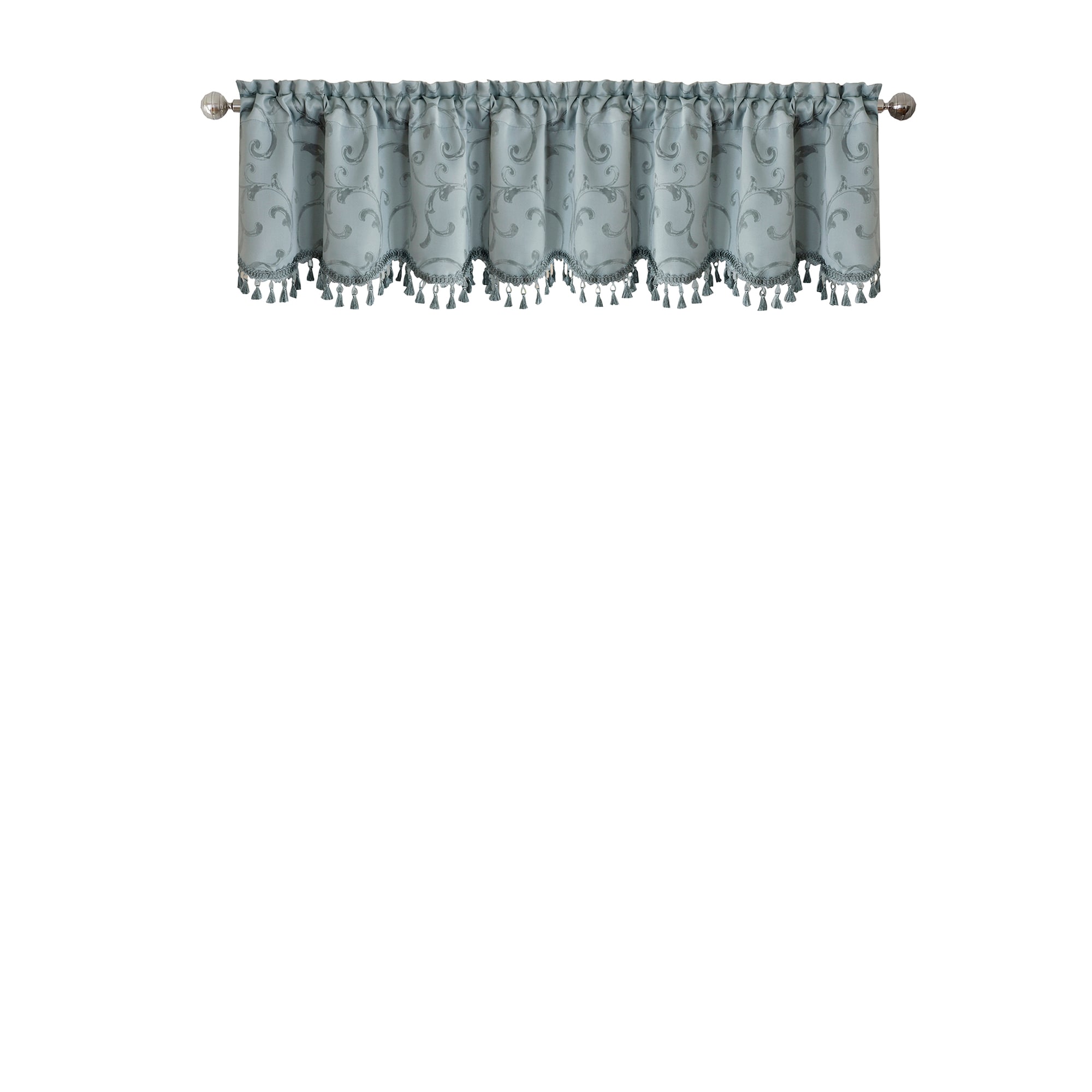 Blue Jacquard Scroll Tassel Trim Rod Pocket Valance