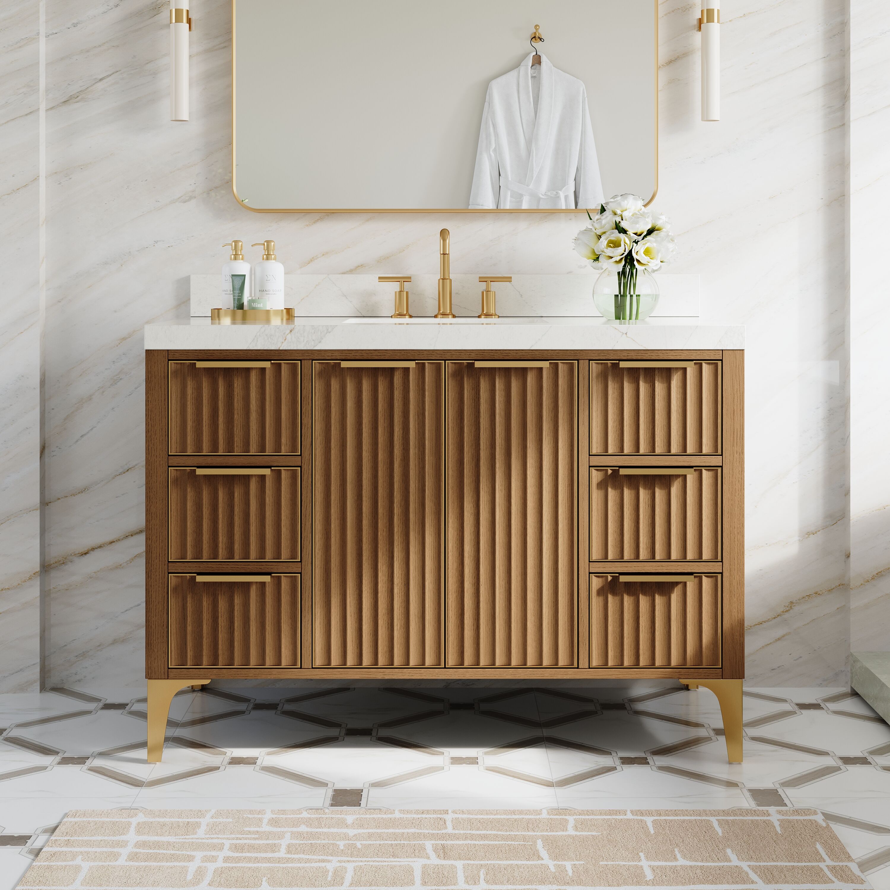 WELLFOR OAKMET Solid Wood Undermount Bathroom Vanity with Carrera White Quartz Top (Fully Assembled)