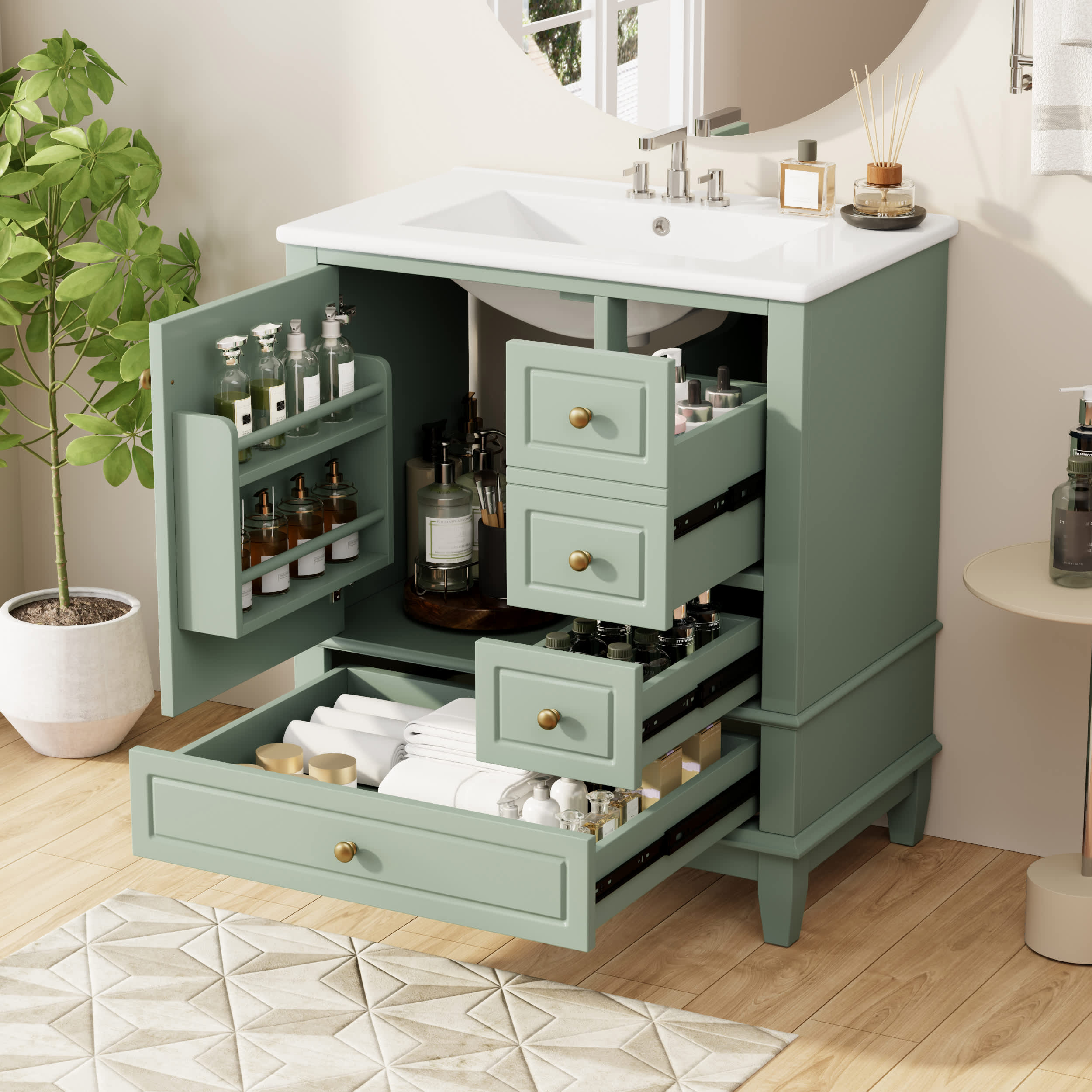 Misty Moon LW0406-NHBO-YSG-29 30 Inch Light Green Bathroom Vanity with Sink One Door with Shelf and Three Drawers Soft Close Door
