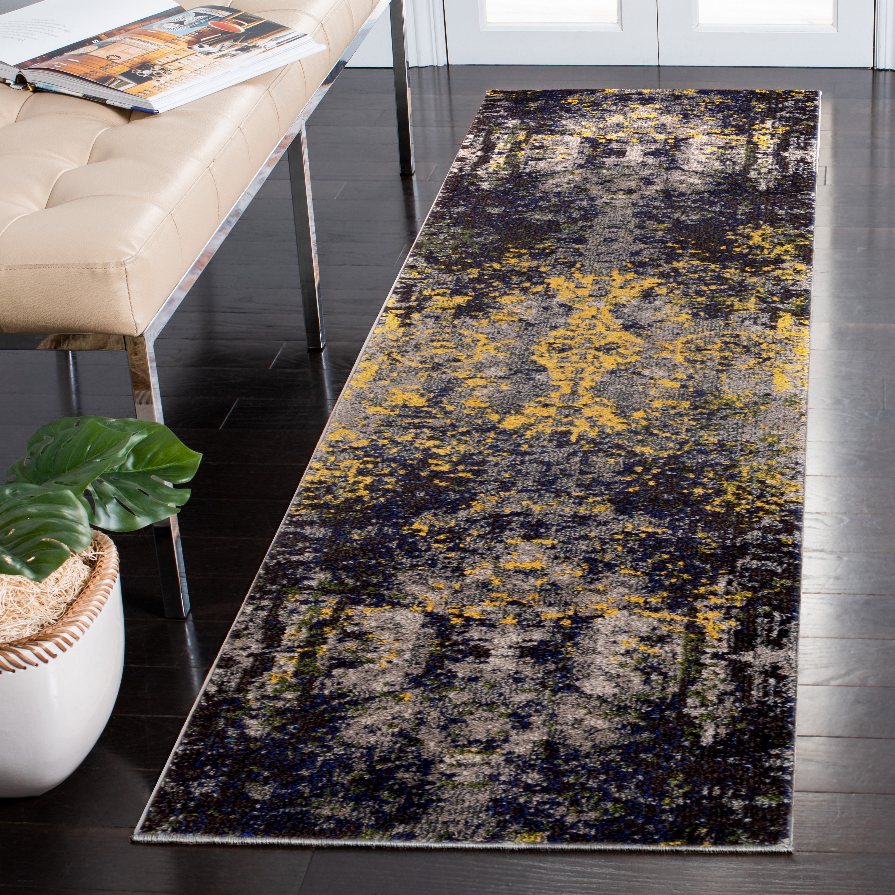 Gray and Yellow Abstract Synthetic Runner Rug