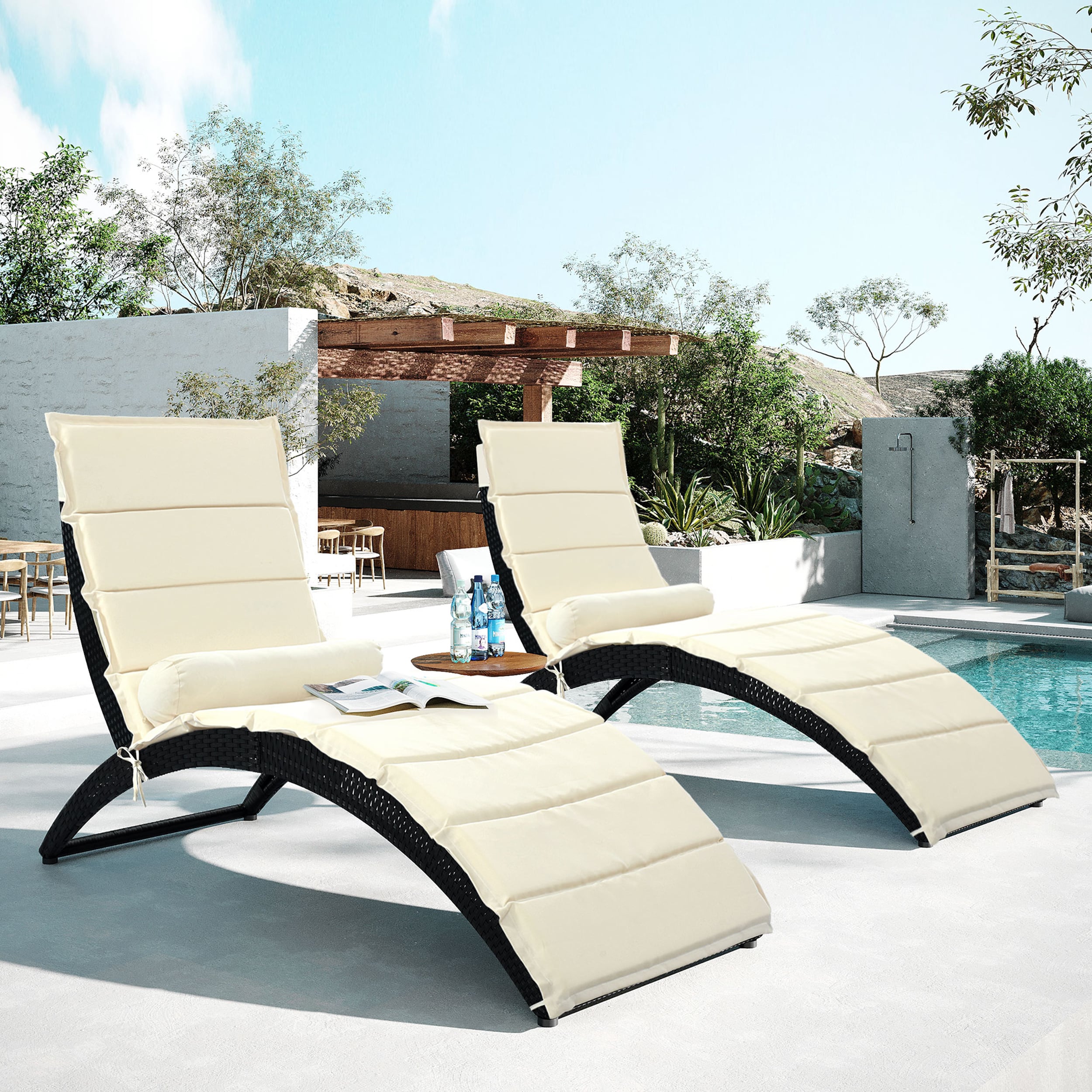 Clihome Patio Chairs Set Of 2 Rattan Black Metal Frame Stationary Chaise  Lounge Chair(S) With Off-White Cushioned Seat In The Patio Chairs  Department At Lowes.Com