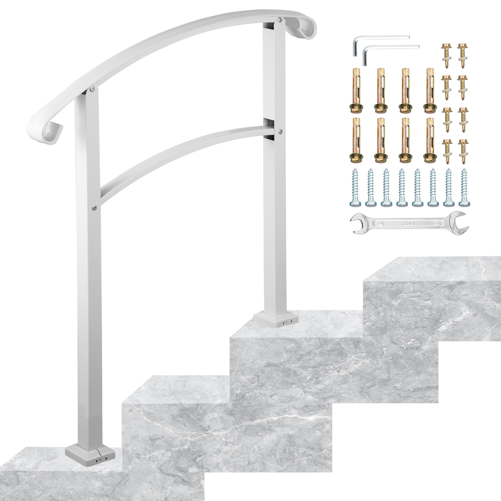 GIVIMO 3-Step Wrought Iron Outdoor Stair Handrail Fits 1 to 3 Steps Matte White with Installation Kit for Concrete Wooden Stairs #LW047GIVSS027