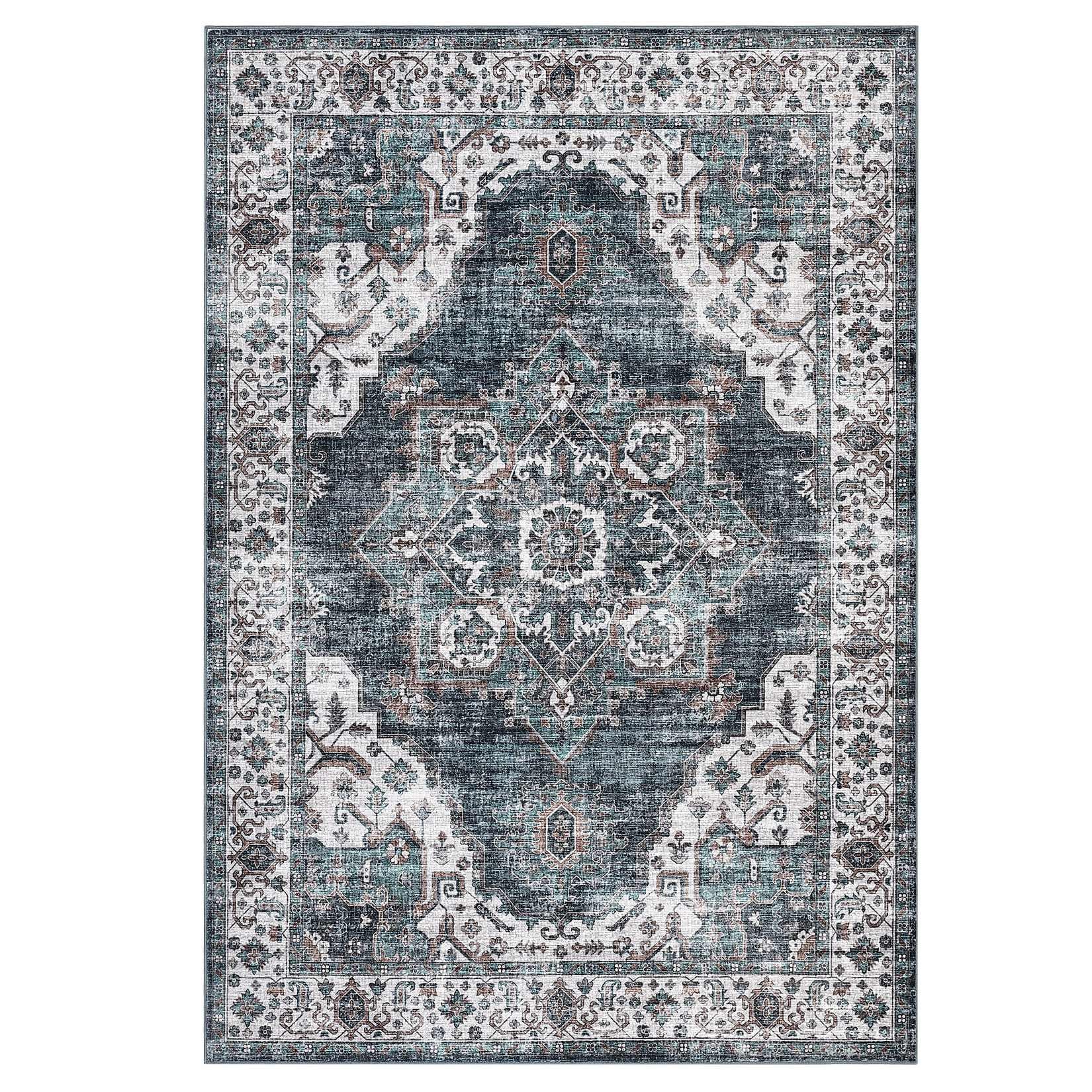 Qeetex LSN-PHK-338Y85XF 9 x 12 ft Polyester Wool Spinning Blue Rectangular Hallway Bathroom Entryway Kitchen Office Foldable Flower Printed Persian Washable Area Rug