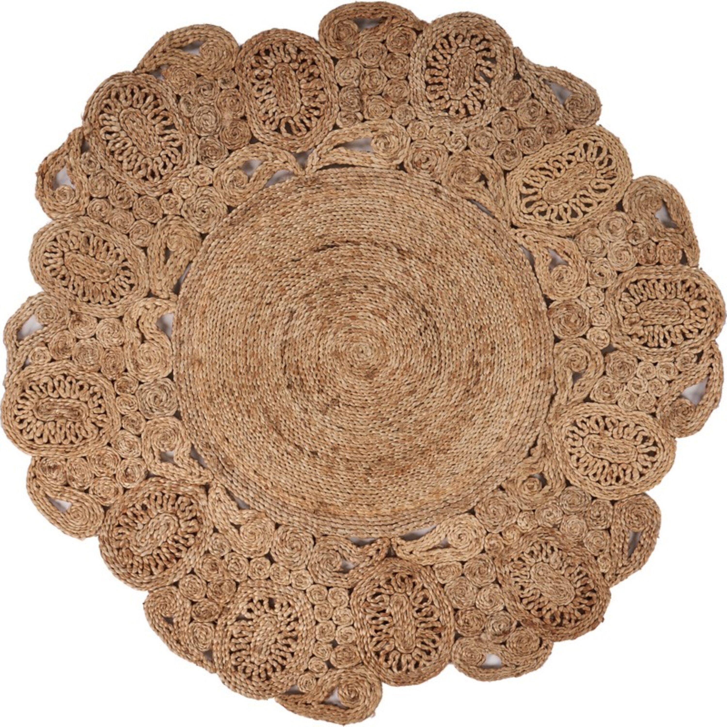 Handmade Natural Jute Round Braided Floral Area Rug