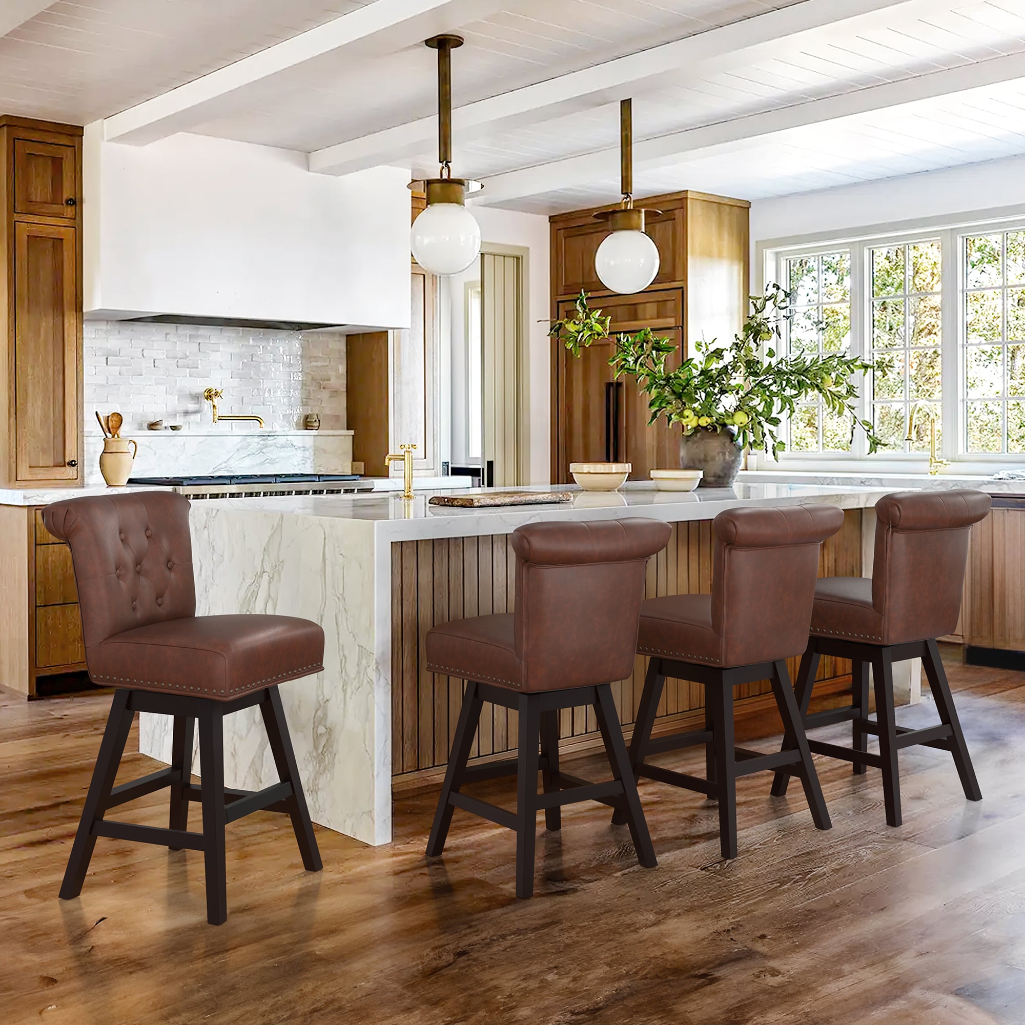 LUE BONA 4YB-015-06LS Set of 4 Brown/Faux Leather 25.8-in H Counter height (24-in to 27-in) Square Seat Upholstered Swivel Wood Back Bar Stool Back