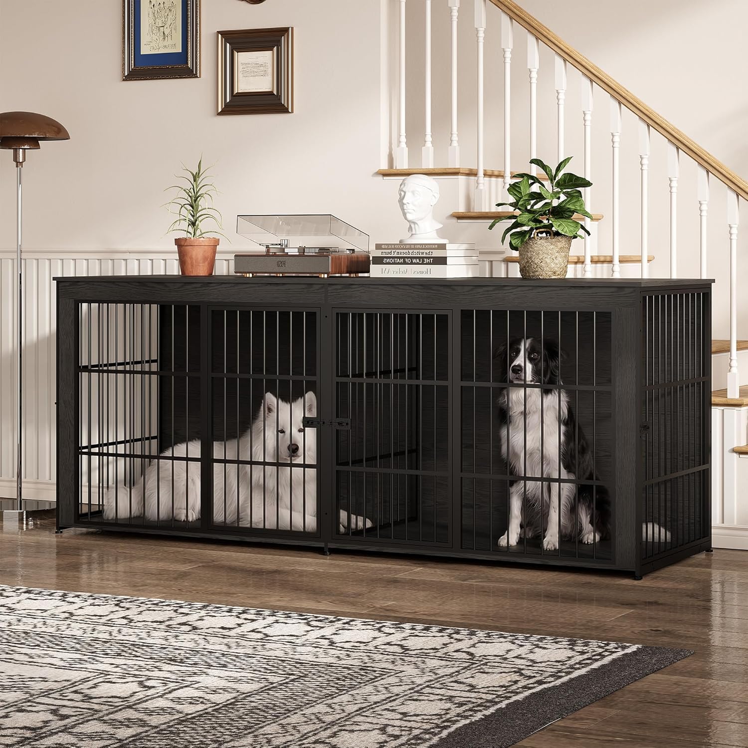 IdealHouse - Double Dog Crate Furniture with Divider  Heavy Duty Wooden Dog Kennel for Large  and...