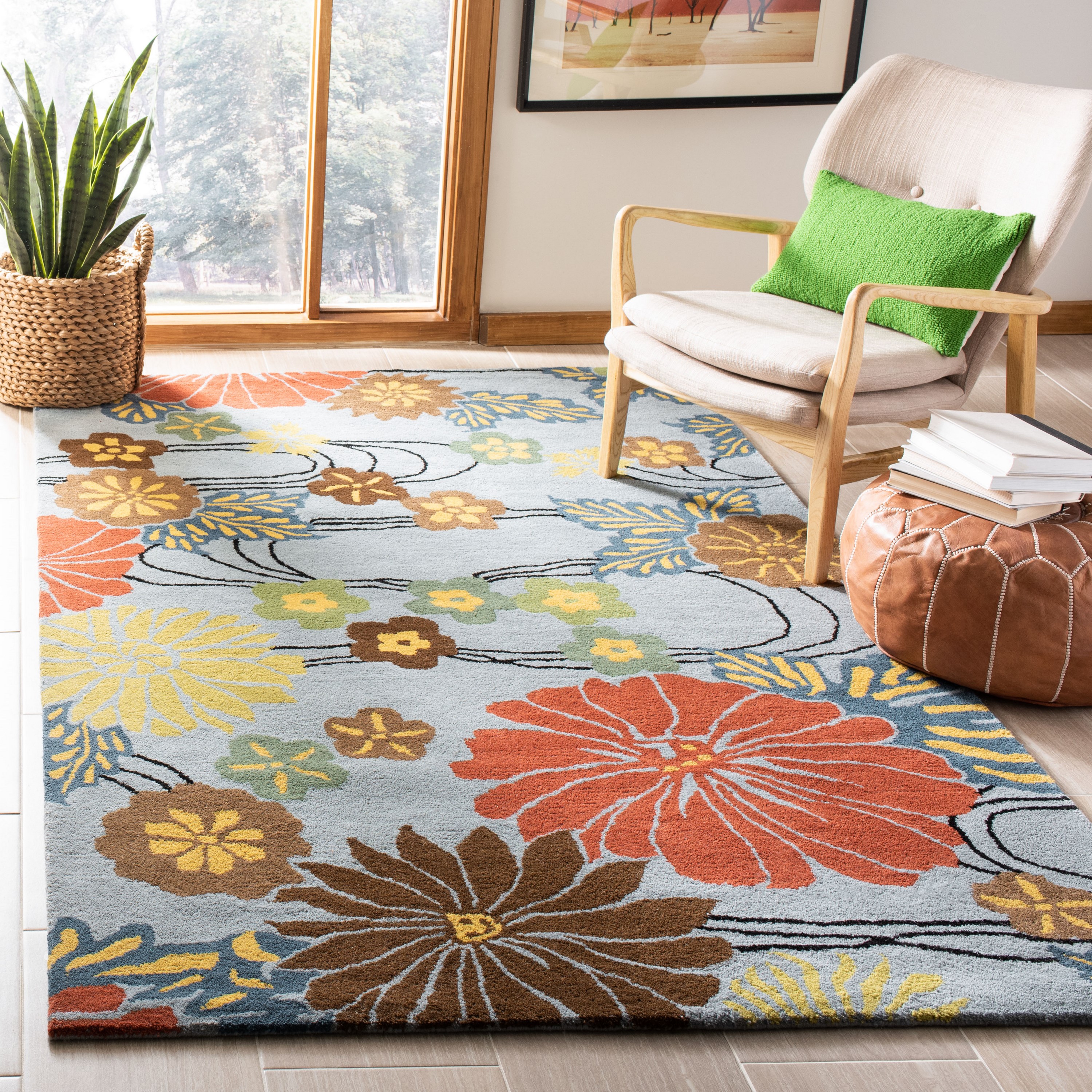Safavieh SOH738B-4 Soho Ois 4 x 6 (ft) Tufted Wool Blue/Multi Rectangular Indoor Floral/Botanical Farmhouse/Cottage Area rug