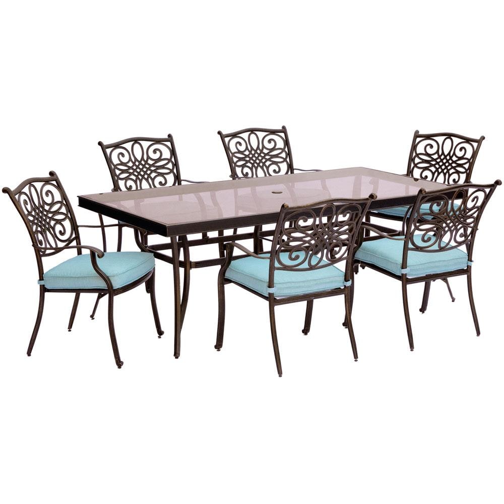 Hanover TRADDN7PCG-BLU Traditions 7-Piece Bronze Patio Dining Set with Blue Cushions