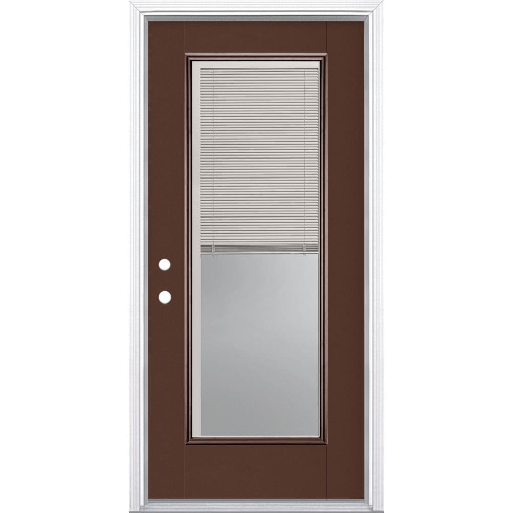 Masonite 1218611 36-in x 80-in x 4-9/16-in Fiberglass Full lite Right-hand inswing Chocolate Painted Prehung Front Door with Brickmould Insulating core with Blinds