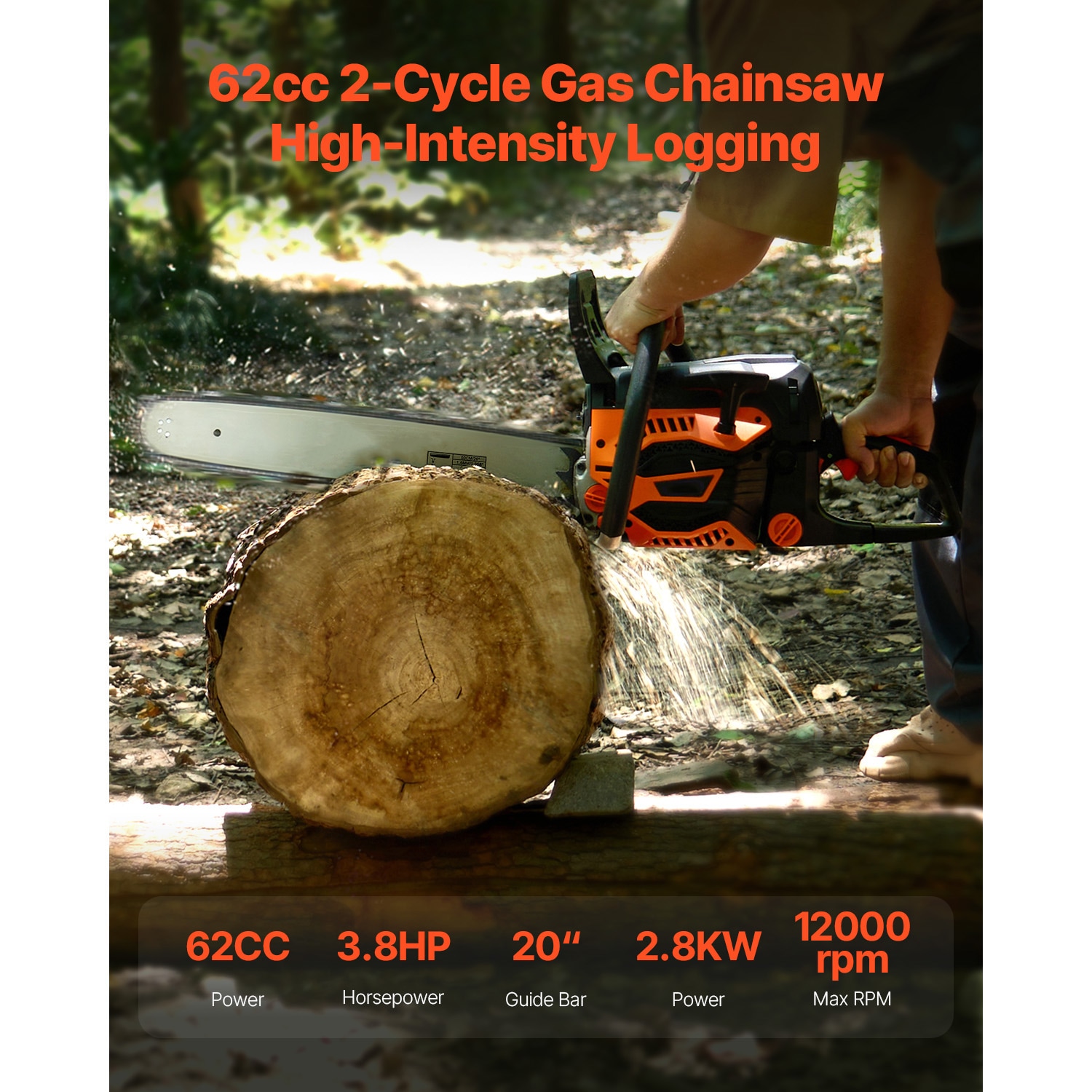 VEVOR 62 cc Gas Chainsaw 20 inch Gas Powered Chainsaw 3.8 HP Power