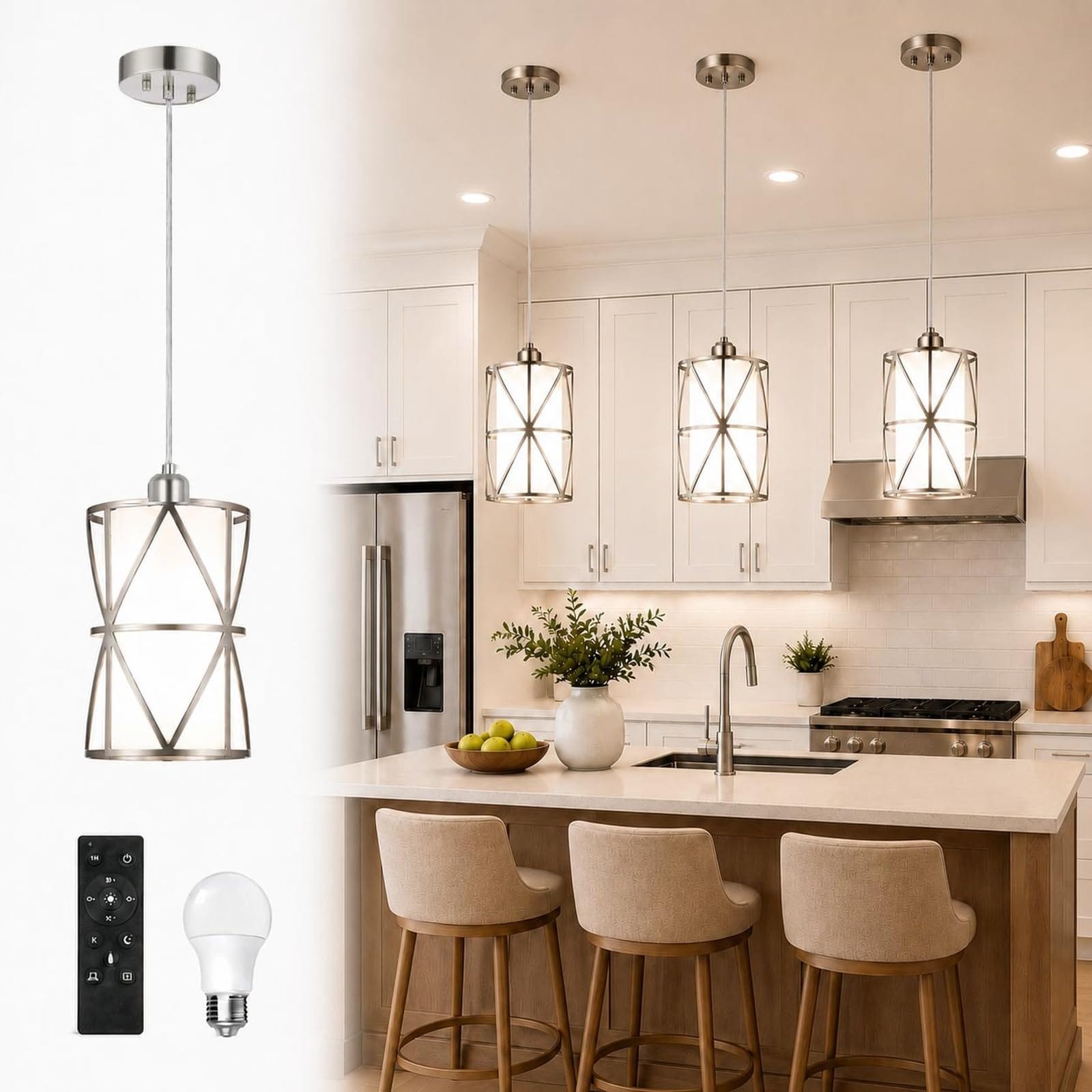 IUEST  Pendant Lights Kitchen Island with LED Bulb and Remote Control Height Adjustable Cord Frosted Glass Modern Island Lights for Kitchen