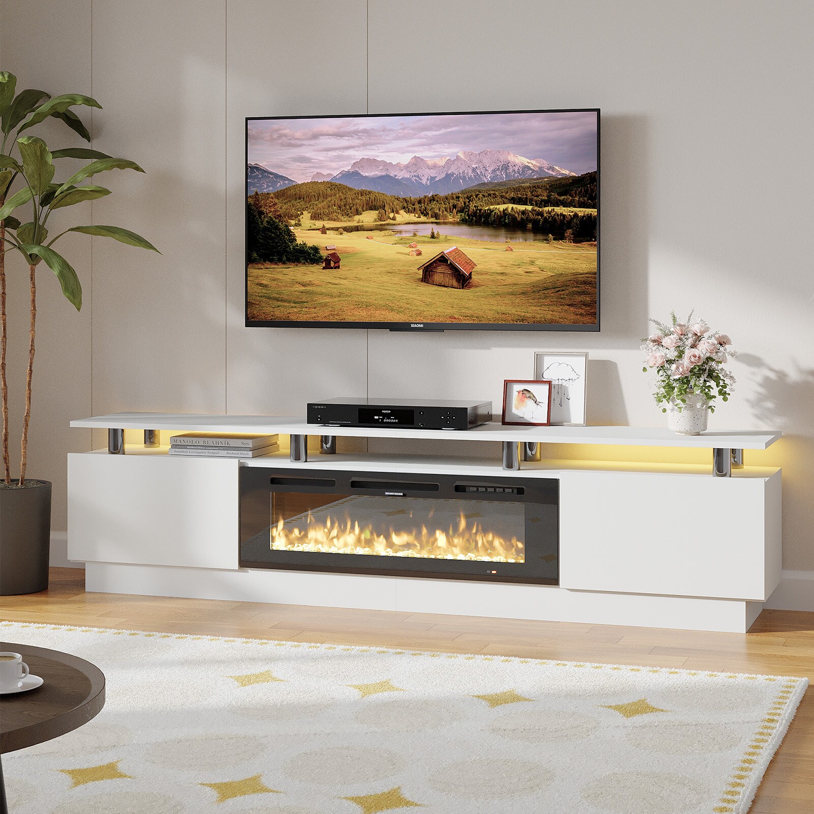 Bapipro TE26A1480W 80-in W White TV Stand with Infrared quartz Flat wall Electric Fireplace with Remote Control Included