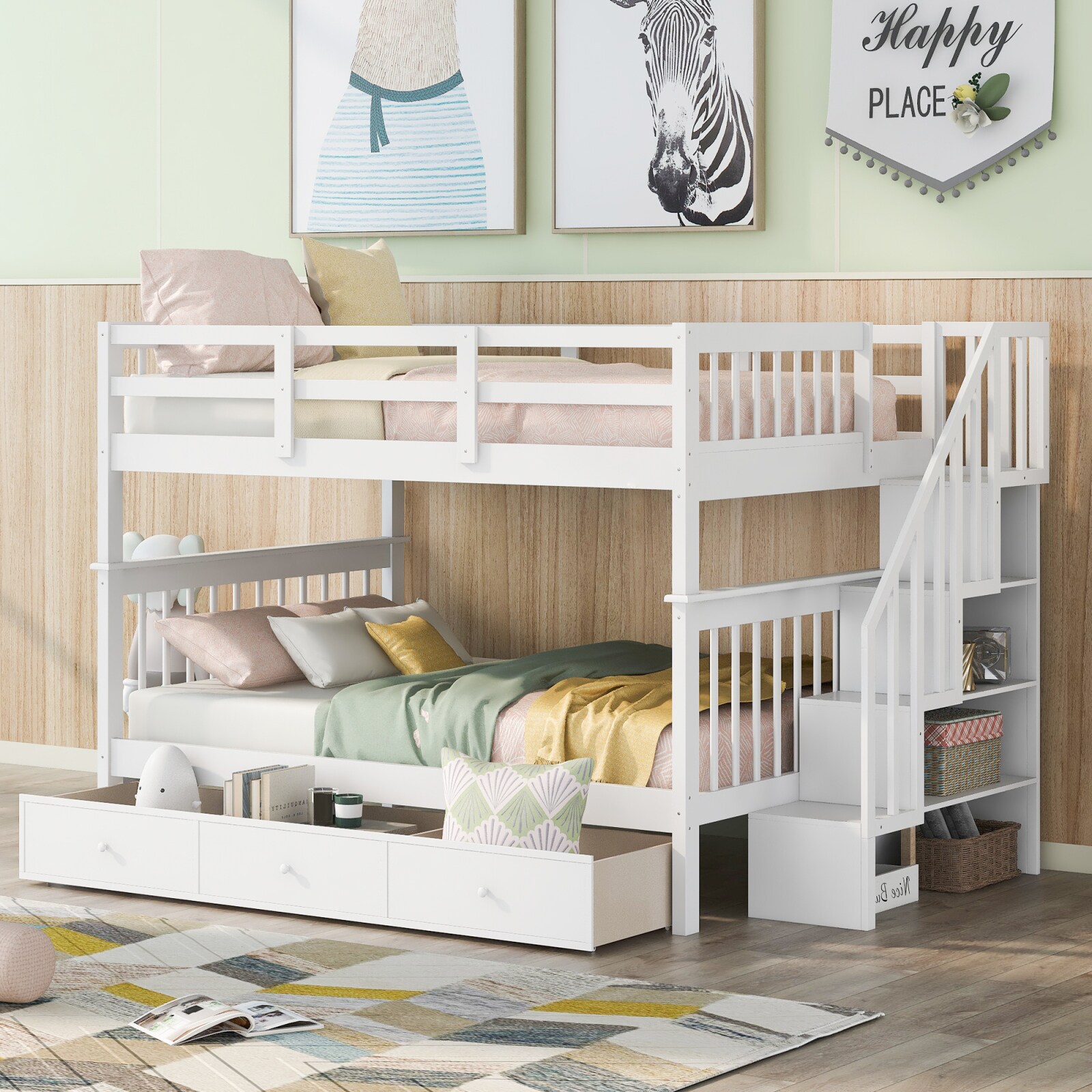 CHITA Full over Full White Traditional Bunk Bed with 1 Storage Drawer Storage Shelves Guardrails and Storage Staircase