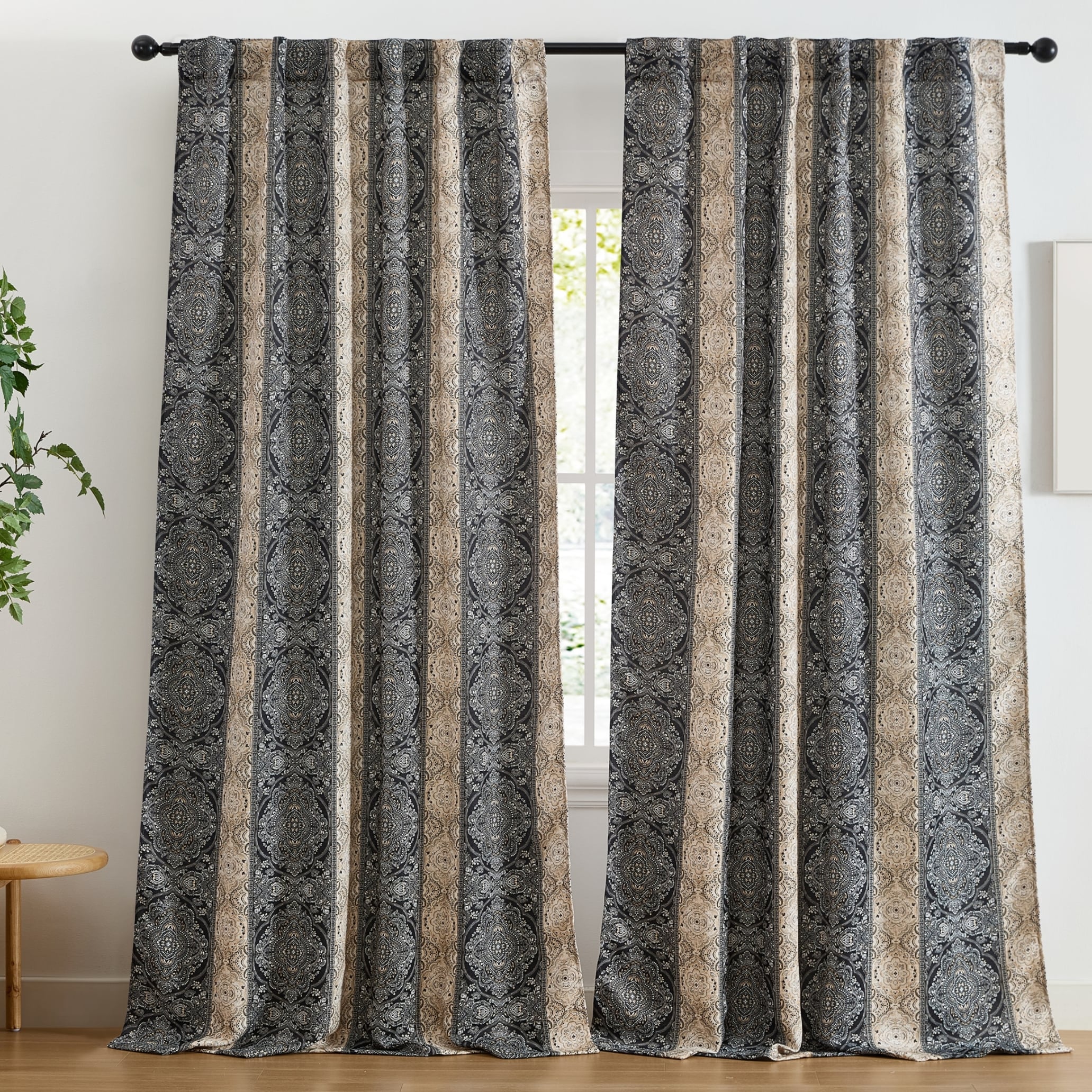 HLC.me WLLM-84-BLK William Boho Damask Striped Patterned Window Back Tab Rod Pocket Curtains Bedroom - Light Blocking Darkening Window Panels - Set of 2