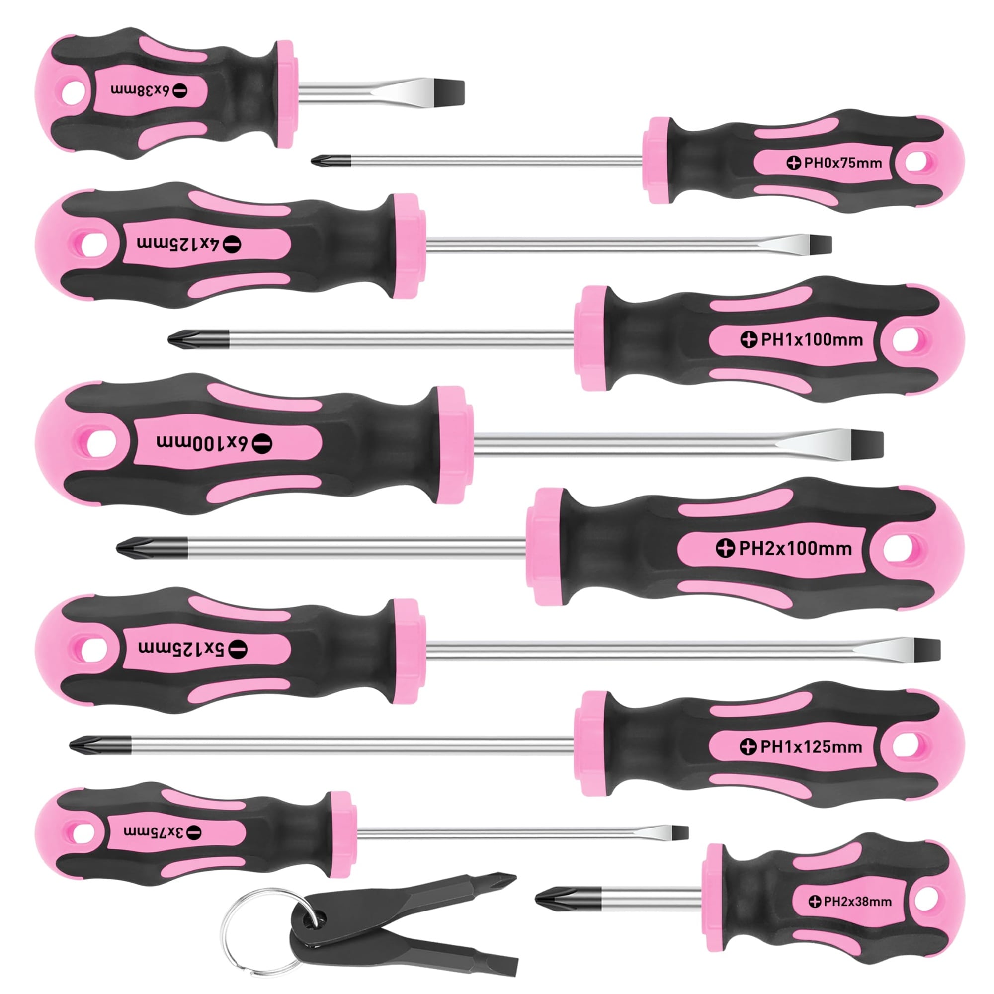 DYRCJ  10 Piece Magnetic Screwdriver Set Cushion Grip Ergonomic Handle Includes 5 Phillips and 5 Slotted Tips 2 Mini Key Screwdrivers Pink