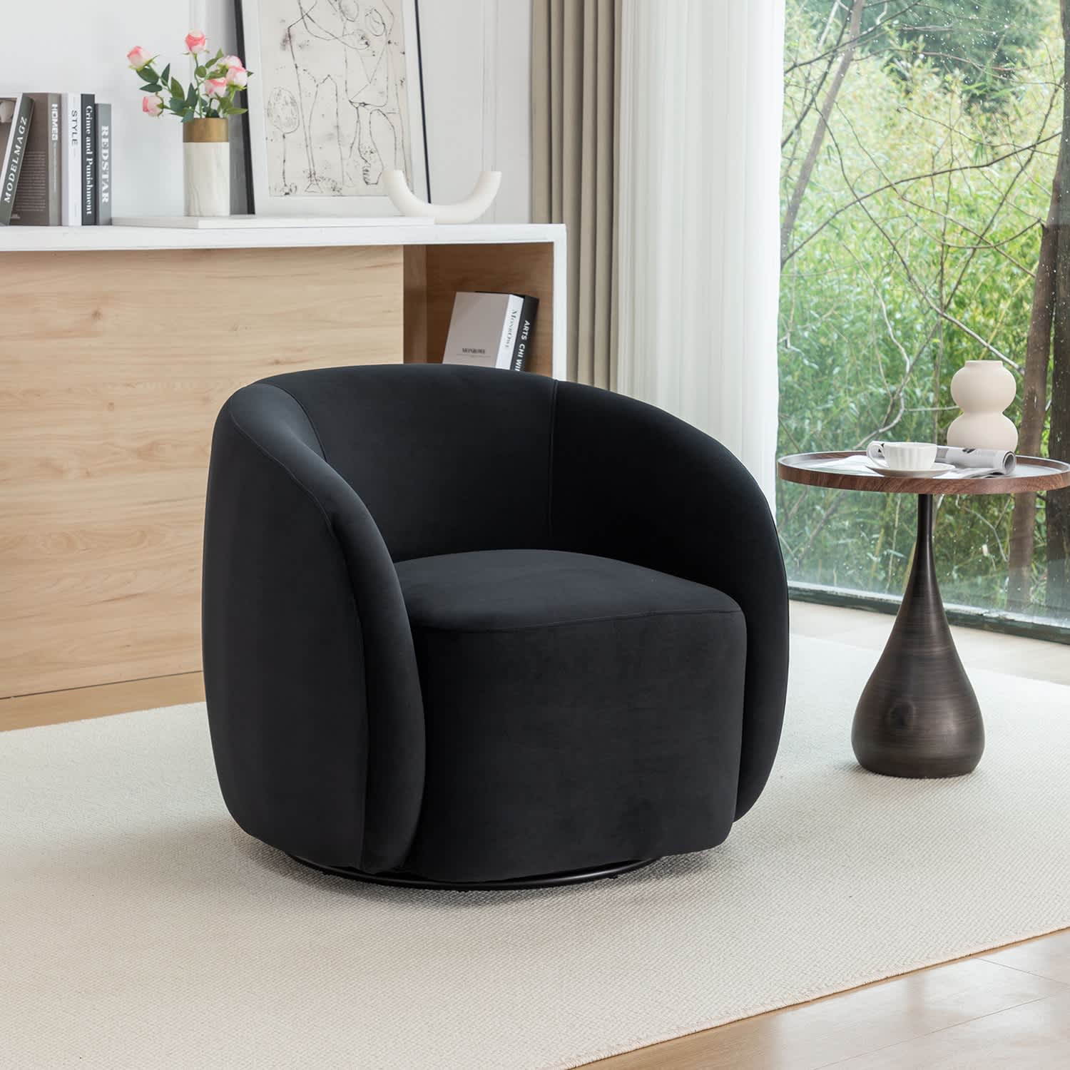SEYNAR XY786-BLACK Modern Glam Velvet Upholstered 360 Degree Swivel Accent Armchair