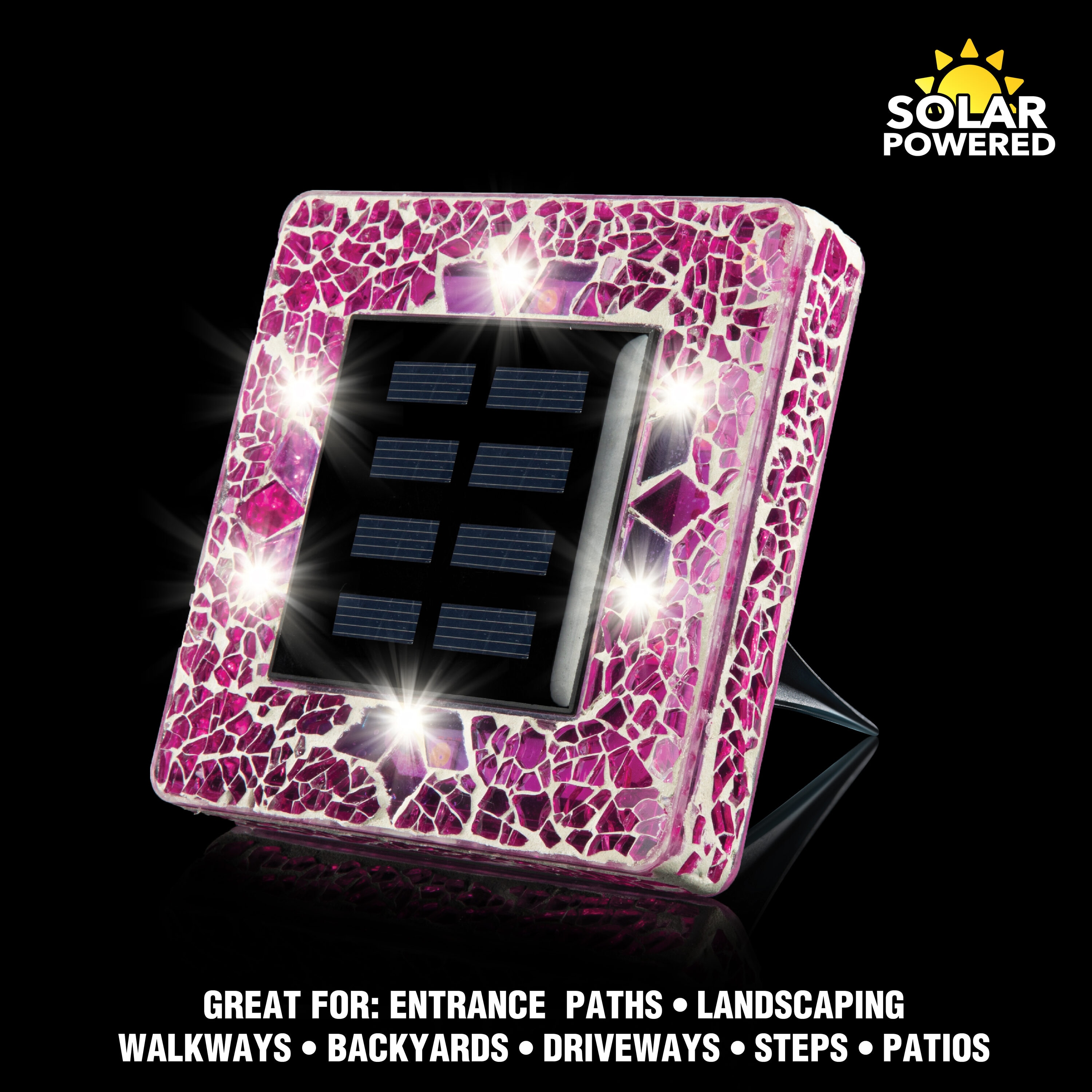Radiant Pink Mosaic Glass Solar LED Pathway Lights, 4-Pack